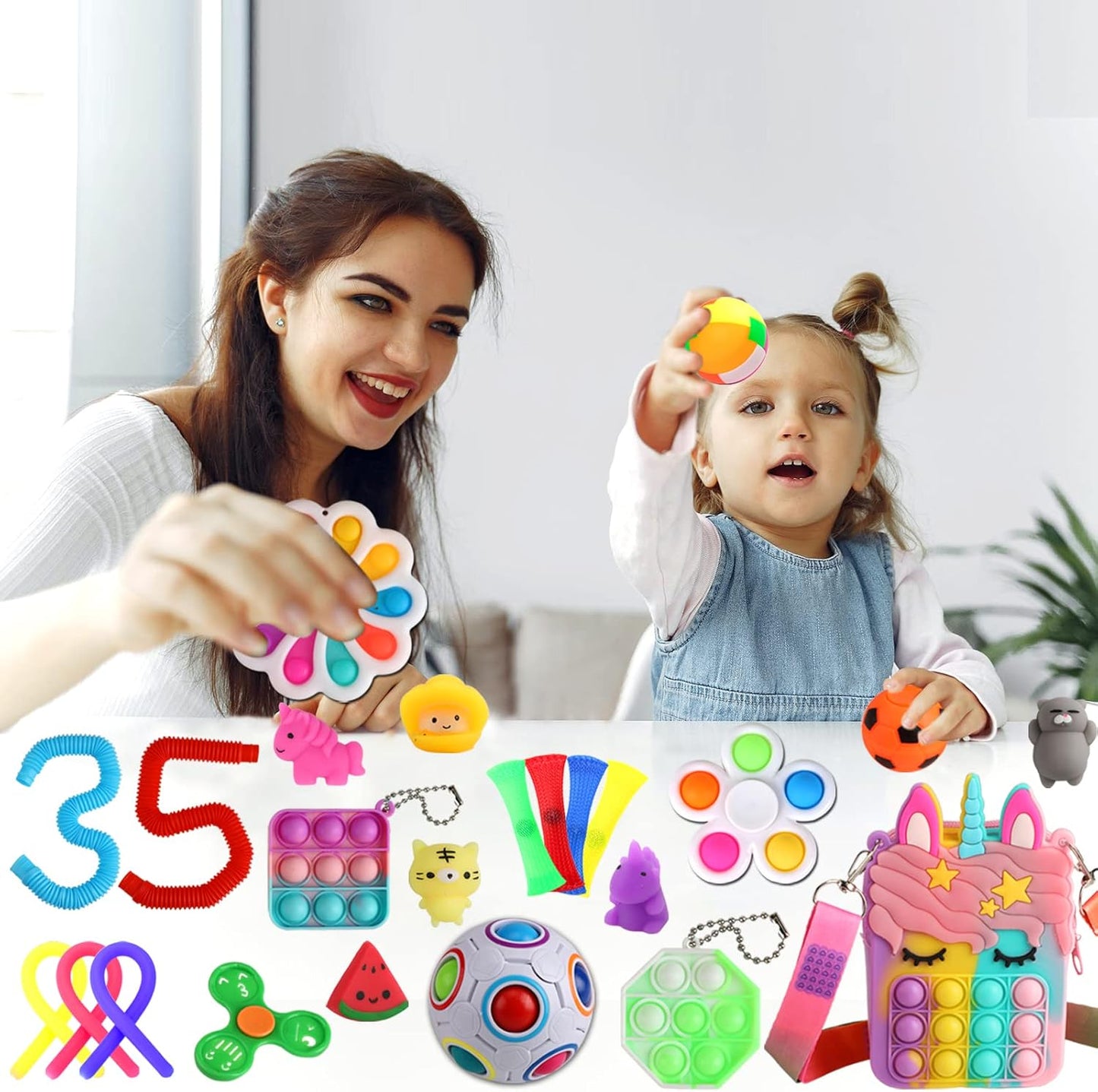 Fidget Purse, 35 Pack Fidget Toys Party Favors For Kids 8-12 Girl Gifts Pop Unicorn Bag With Spinner Autism Sensory Mini Toys Classroom Prizes Goodie Bag Birthday Xmas Stocking Stuffers For Teens Girl