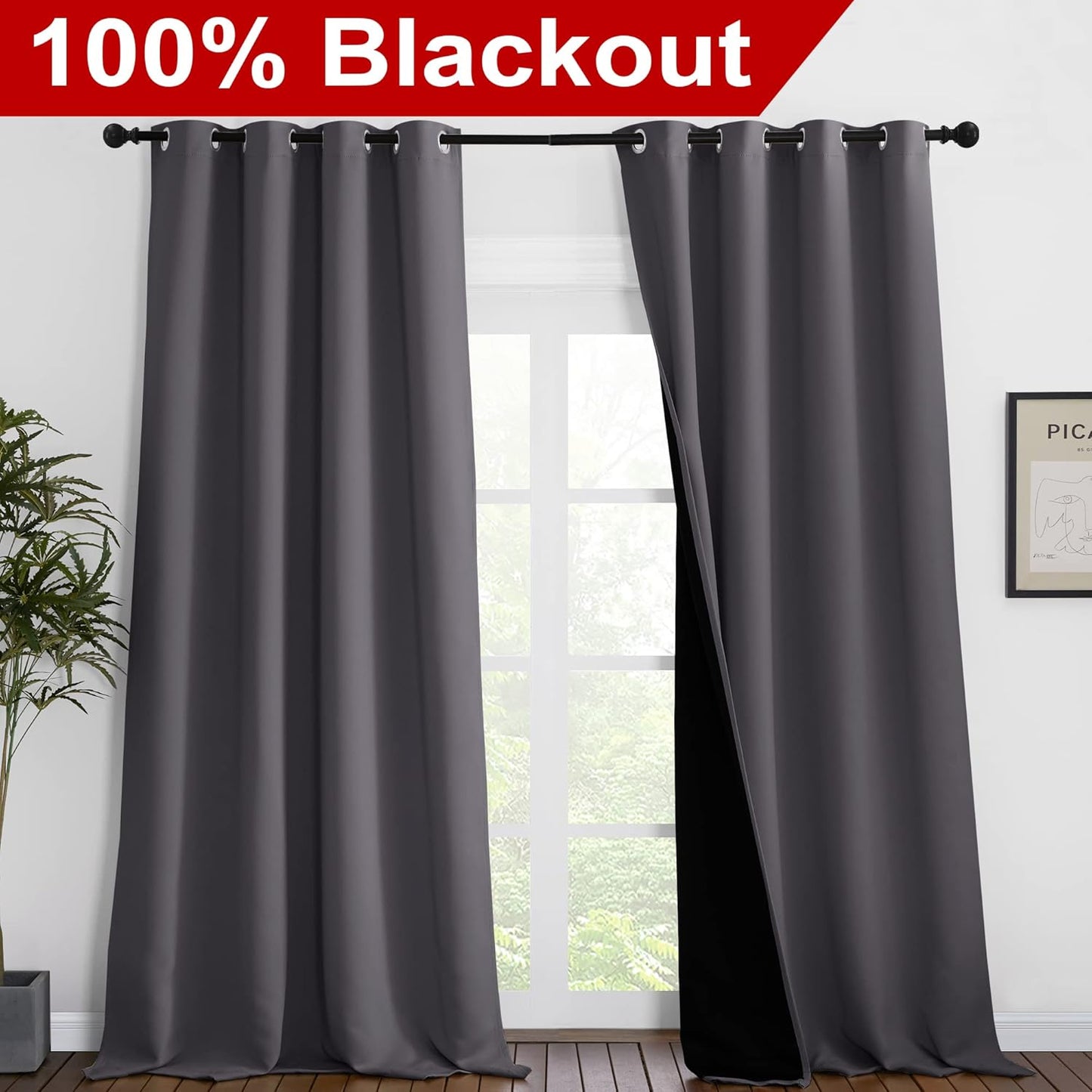 NICETOWN 100% Blackout Blinds, Laundry Room Decor Window Treatment Curtains for Large Patio Sliding Door, Thermal Insulated Grey Curtains for Bedroom, Set of 2, 55 inches x 102 inches