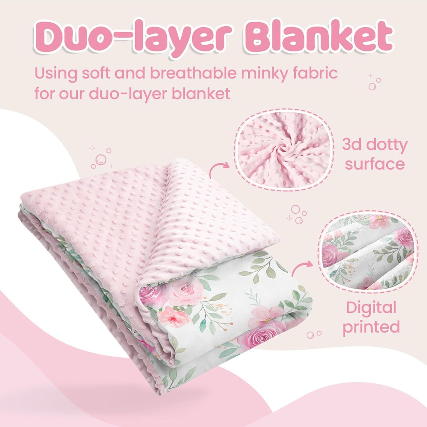 Floral Minky Baby Blanket 30 x 40 Inches for Girls, Soft Plush Receiving Blanket with Dotted Back, Gift for Newborn Infant Toddlers, Baby Shower, Christmas Birthday