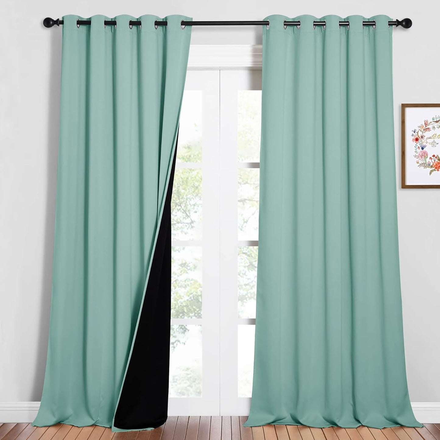 NICETOWN Full Shading Curtains for Windows, Super Heavy-Duty Black Lined Blackout Curtains for Bedroom, Privacy Assured Window Treatment (Aqua Blue, Pack of 2, 62 inches W x 95 inches L)