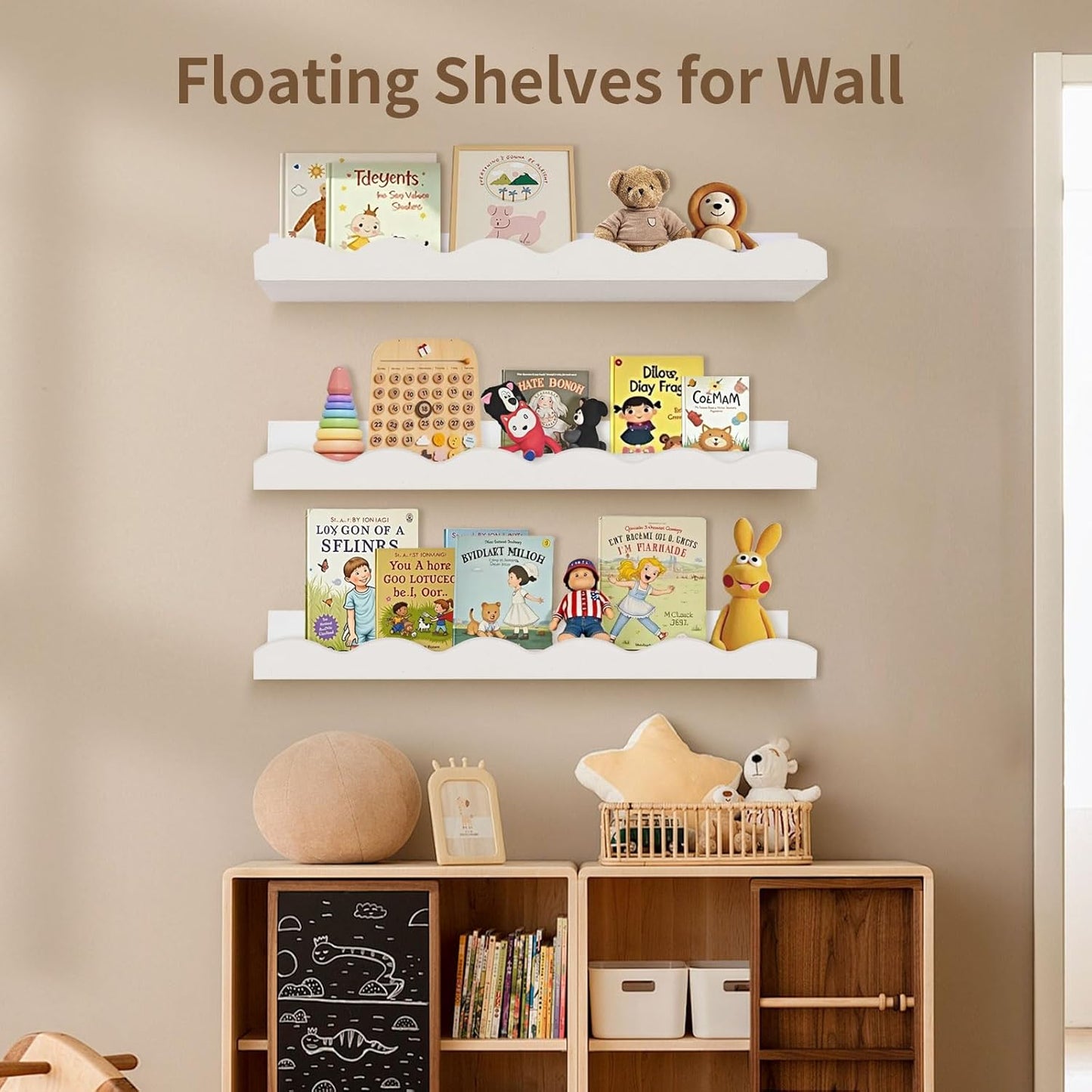 Nursery Book Shelves, 4 Pack White Floating Shelves for Wall, Wood Scalloped Shelves for Storage Books, Wall Book Shelf for Kids Rooms, Bedroom, Toddler Room, Baby Room, Nursery Decor