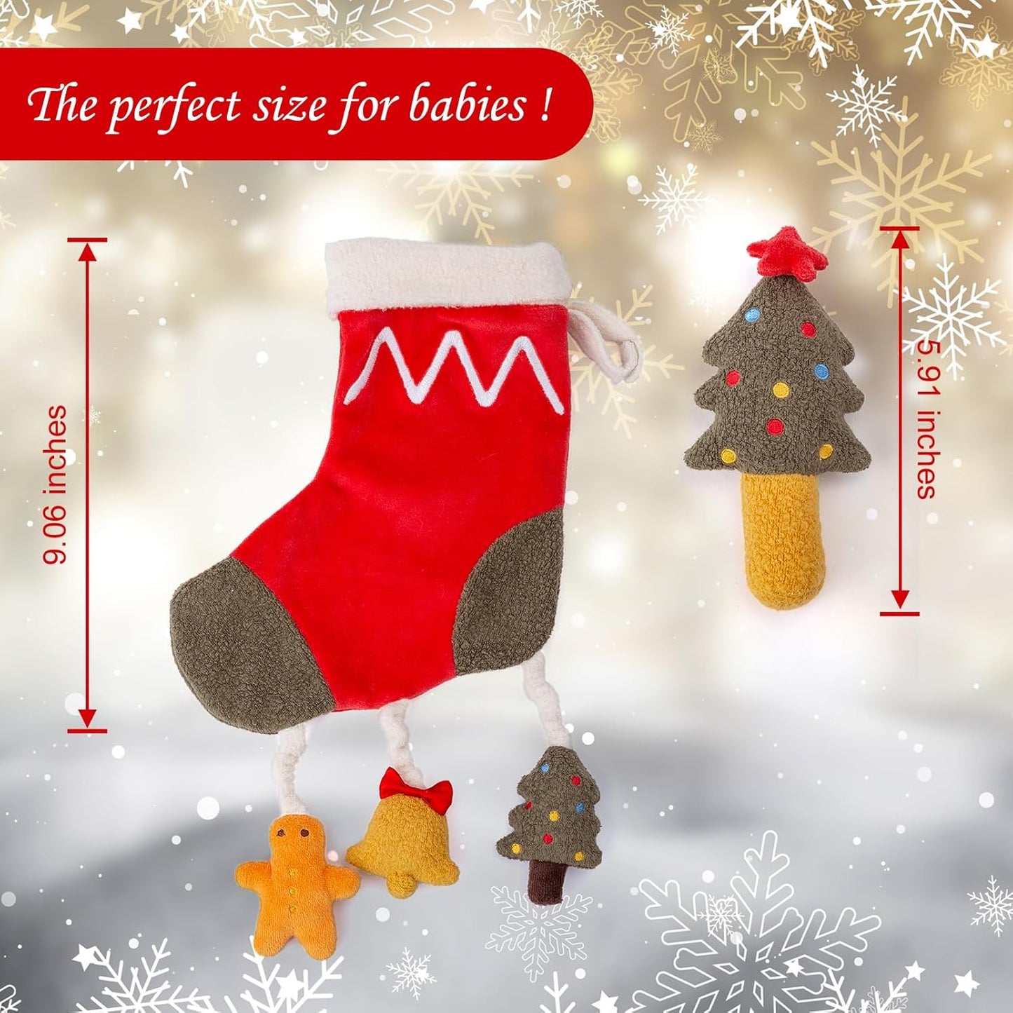 Organic Cotton Stuffed Animal Rattle Baby Toys, Plush Stocking Cuddle Cloth and Hand Grip Christmas Tree Ring Rattles Plush Toy Set for Newborns Infant Boys Girls, 2 PCS