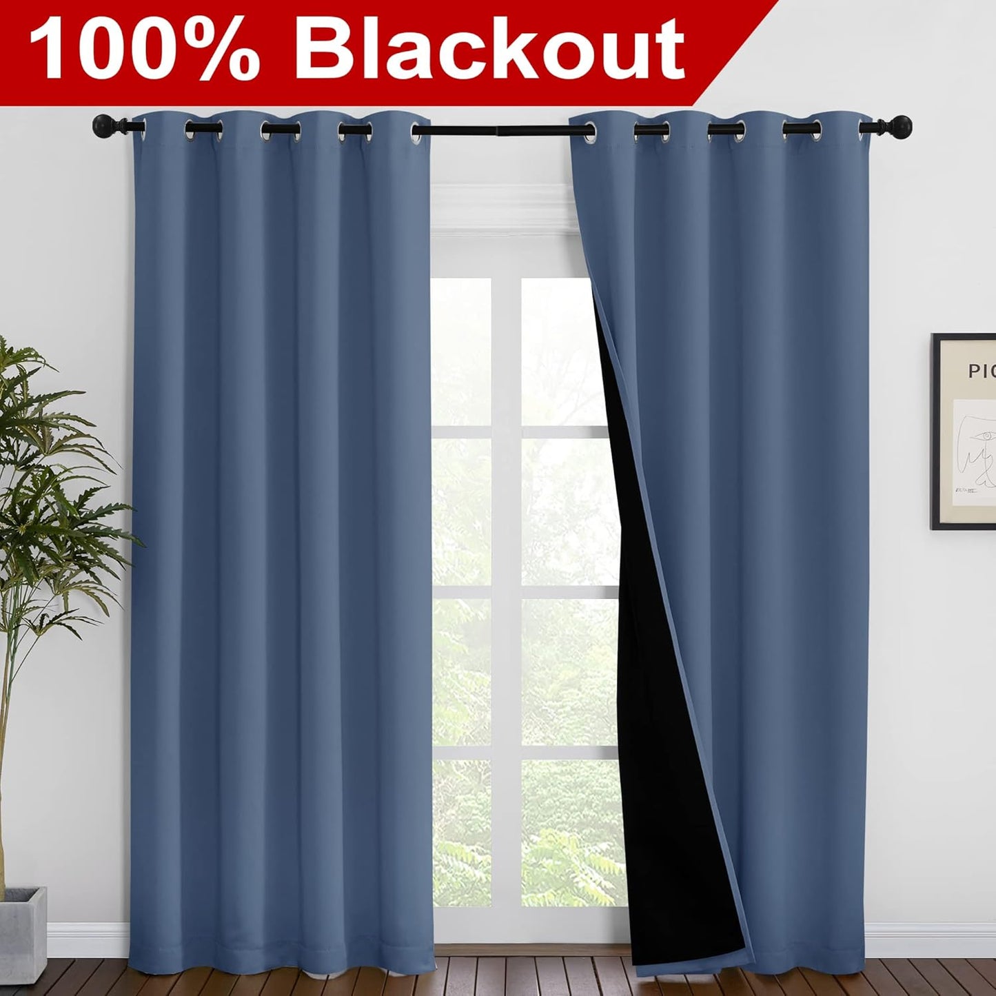 NICETOWN 100% Blackout Curtains 86 inches Long, Pair of Energy Smart & Noise Blocking Out Drapes for Baby Room Window, Thermal Insulated Guest Room Lined Window Dressing (Stone Blue, 55 inches Wide)
