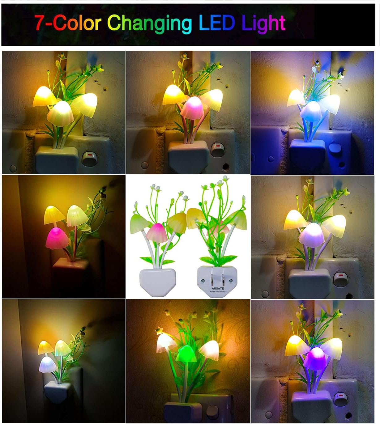 AUSAYE 4 Pack Plug in Night Light, Color Changing Mushroom Light LED Nightlights with Smart Dusk to Dawn Sensor for Kids, Adults, Bedroom, Bathroom,Hallway, Stairs, Kitchen