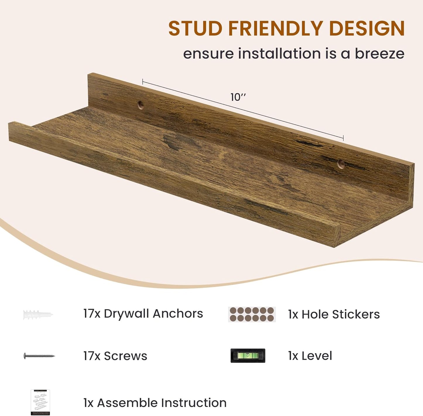 Axeman Picture Ledge Shelf, Floating Shelves for Wall Storage Set of 6, 16 inch Floating Wall Mounted Shelves, Wall Shelves with Lip for Living Room, Bedroom, Nursery, Bathroom, Kitchen, Rustic Brown