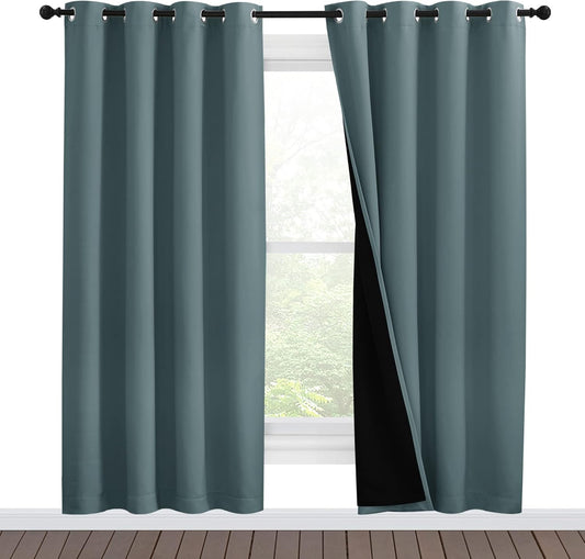 NICETOWN 100% Blackout Window Curtain Panels, Full Light Blocking Drapes with Black Liner for Nursery, 78-inch Drop Thermal Insulated Draperies (Greyish Blue, 2 Pieces, 55-inch Wide Per Panel)
