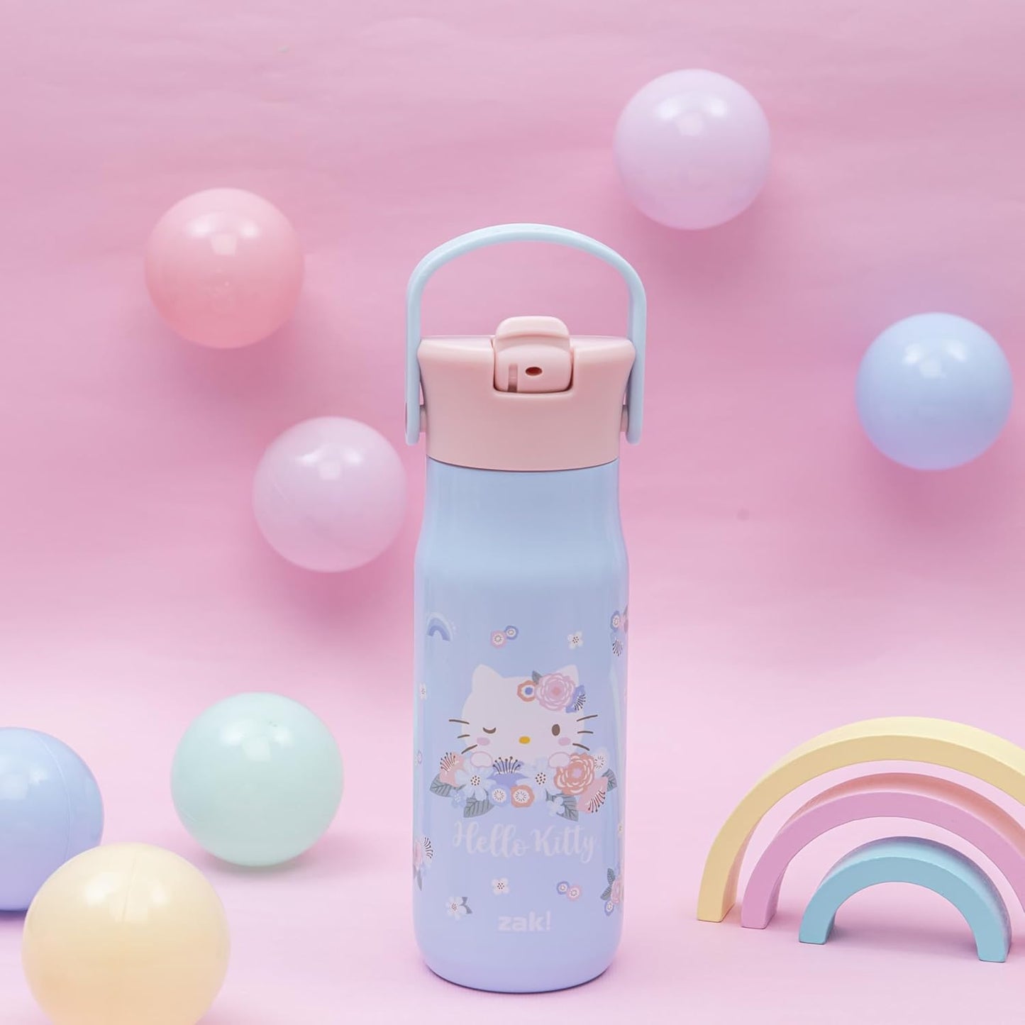 Zak Designs Harmony Hello Kitty 20oz Water Bottle for Travel or At Home, Recycled Stainless Steel is Leak-Proof When Closed and Vacuum Insulated with Straw Lid and Carry Handle