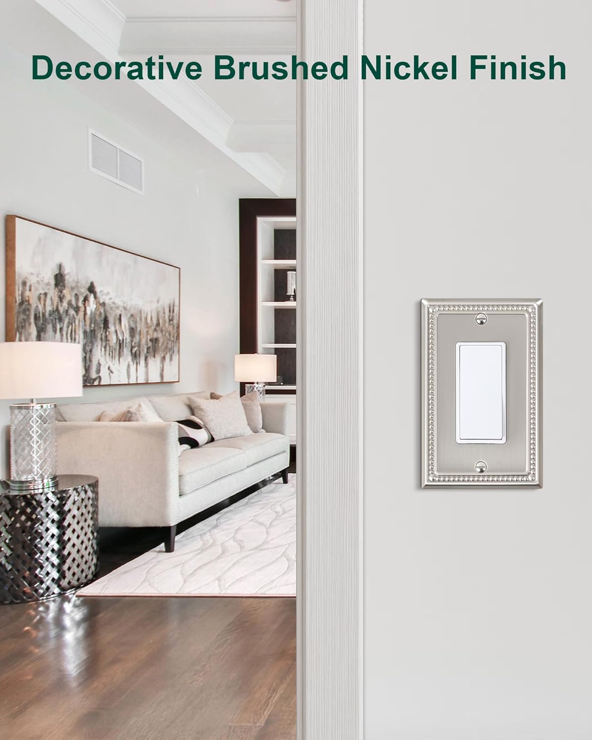 6-Pack Decorator Outlet Cover Plate, Decorative Switch Plates and Outlet Covers, Brushed Nickel Metal Wall Plates for Electrical Outlets, Receptacle, GFCI Outlet, Dimmer Switch