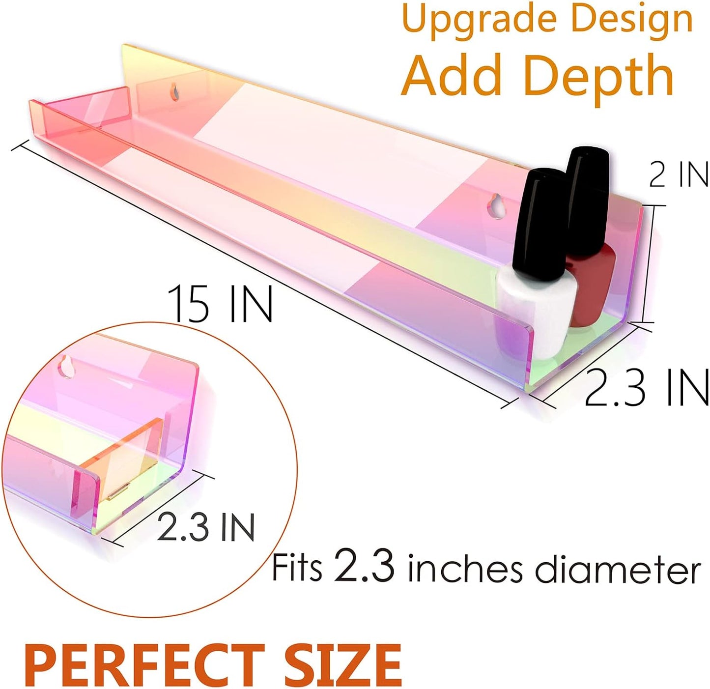 4 Pack 15 Inch Iridescent Acrylic Shelves, Clear Rainbow Floating Shelves for Wall, Modern Sunglasses Essential Oil Picture Ledge Display Toy Storage Wall Shelf