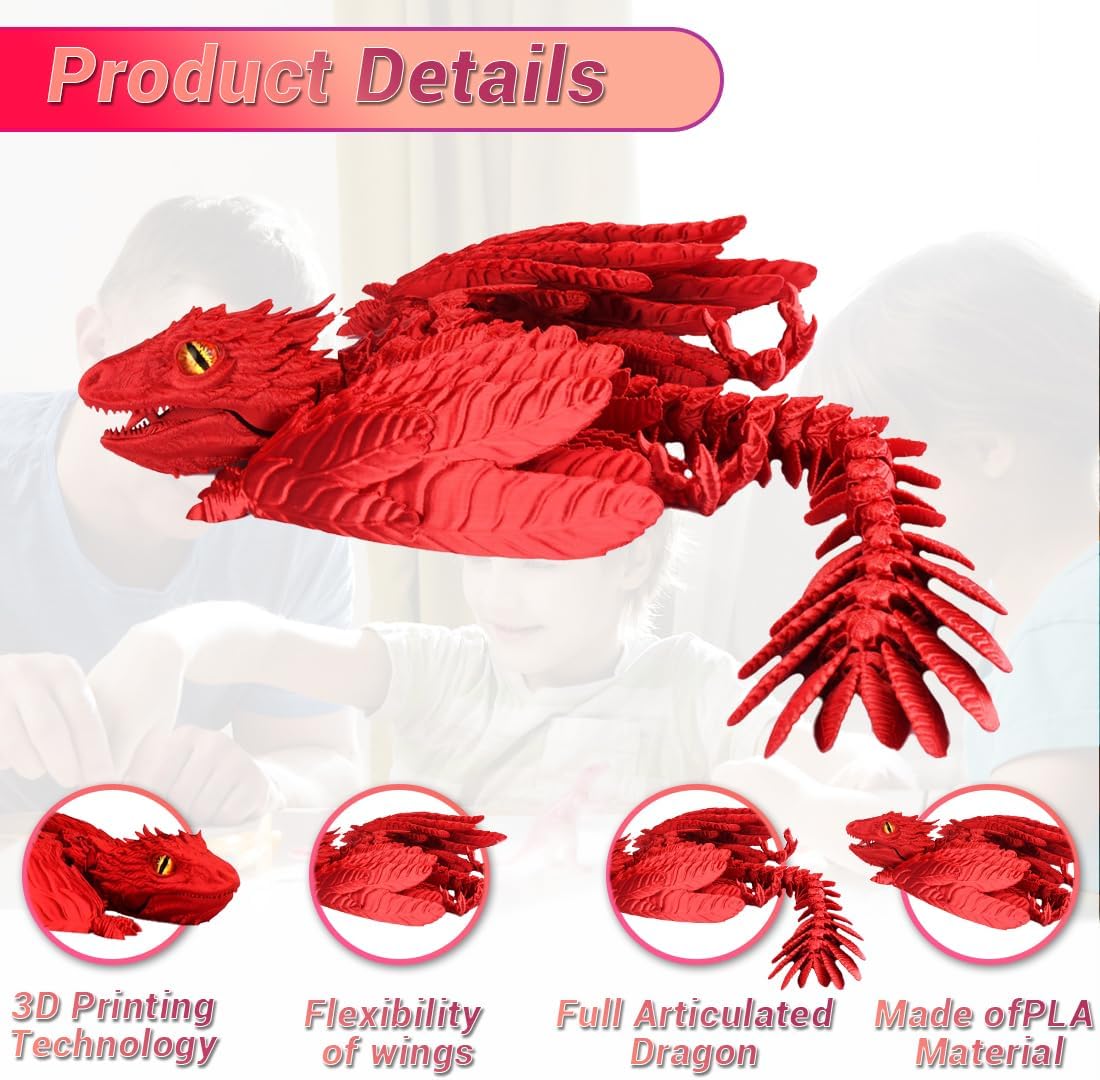 3D Printed Dragon with Wings 3D Printed Animals Articulated Dragon Fidget Dragon 3D Printed Toys Dragon Toy Desk Pets Home Office Decor (Red)