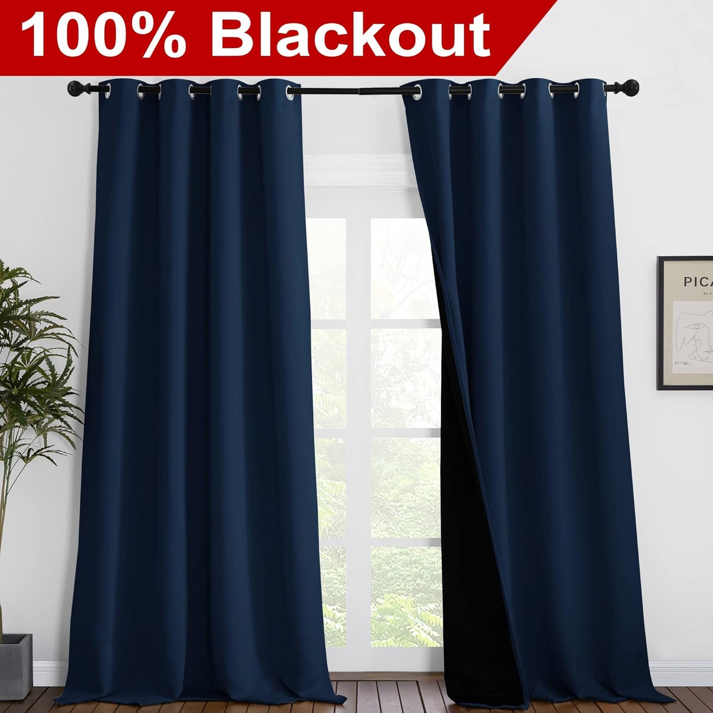 NICETOWN 100% Blackout Curtains 102 inches Long, Noise Reduction Window Treatment Curtains, Thermal Insulated Energy Smart Drapes and Draperies for Apartment Decor, Navy Blue, Set of 2, 55 inches W