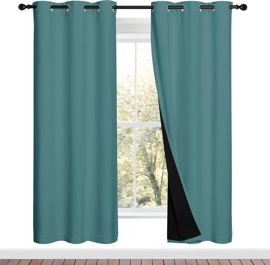 NICETOWN Sea Teal Full Shade Curtain Panels, 37" Wide x 70" Long, Sea Teal, Pair of Thermal Insulated & Energy Efficiency Blackout Drapes for Living Room, Lined Silky Performance Window Dressing