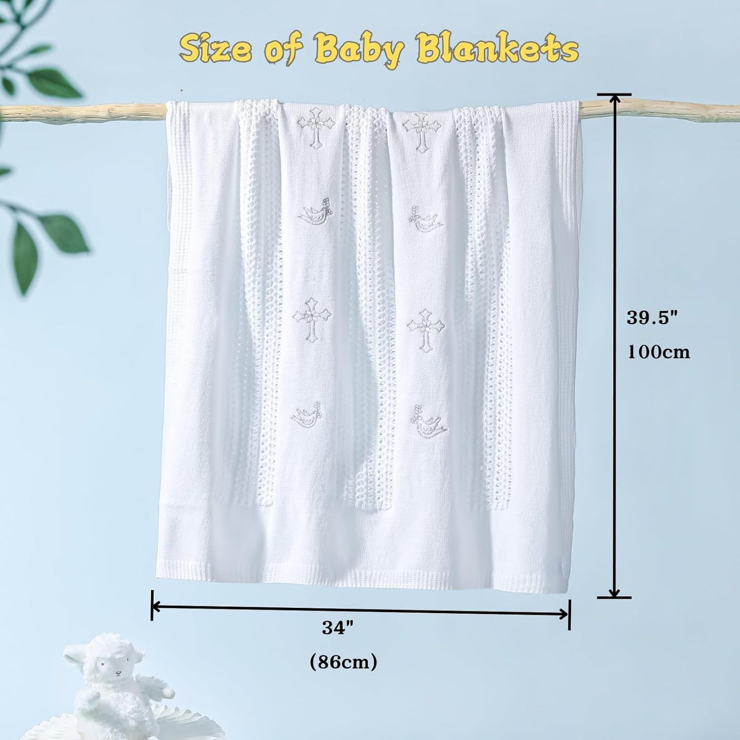 Booulfi Baby Blankets for Boys Girls Baby Receiving Blankets Silver Cross Dove of Peace Embroidery White Knitted Blanket Soft Crib Blanket Newborn Essentials Baptism Christening Gifts Size 39X34