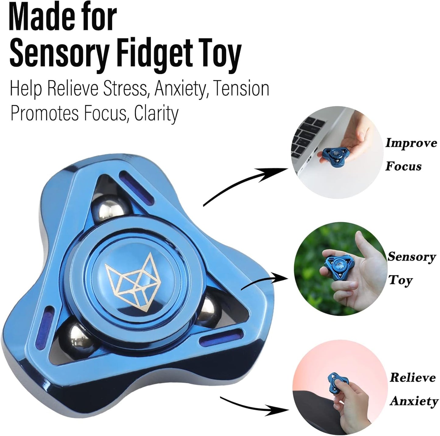 FREELOVE Upgraded Fox Metal Fidget Spinner for Adults, Steel/Glow Balls Clicking Noise, Mini Small Tiny Pocket Tri Finger Gyro, Long Spinning Premium Bearing Toy, Stainless Steel CNC, Mirror Blue