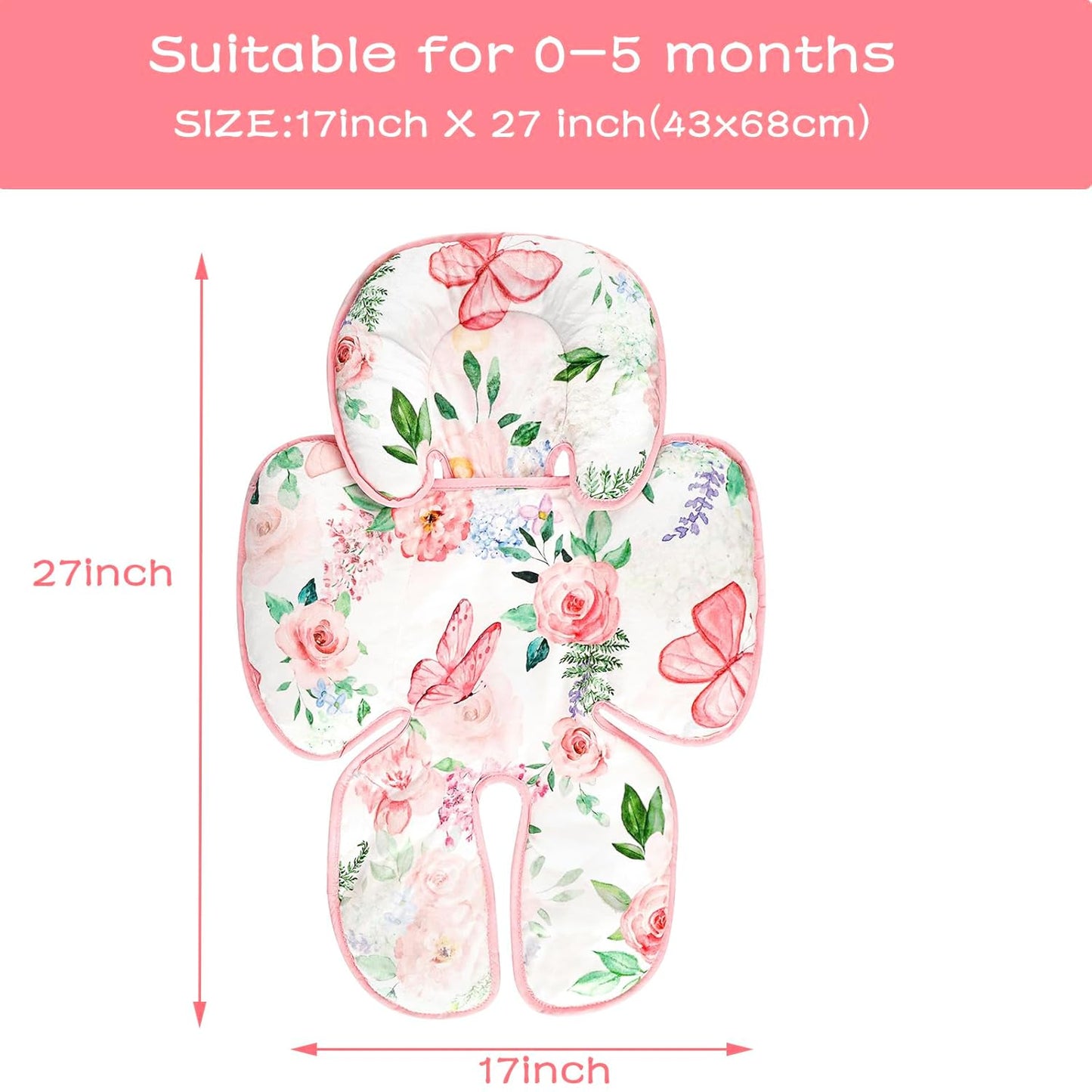 2 in 1 Infant Car Seat Insert, Adjustable Car Seat Head Support Baby Girls Boys, Soft Newborn Carseat Insert Cushion, Perfect for Carseats, Strollers, Swings (Pink Flower)