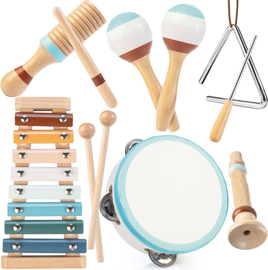 Baby Musical Instruments | Montessori Wooden Toys for Toddlers, Neutral Color Percussion Instruments Set with Modern Boho Xylophone Tambourine, Educational Musical Toys for Boys Girls 3+