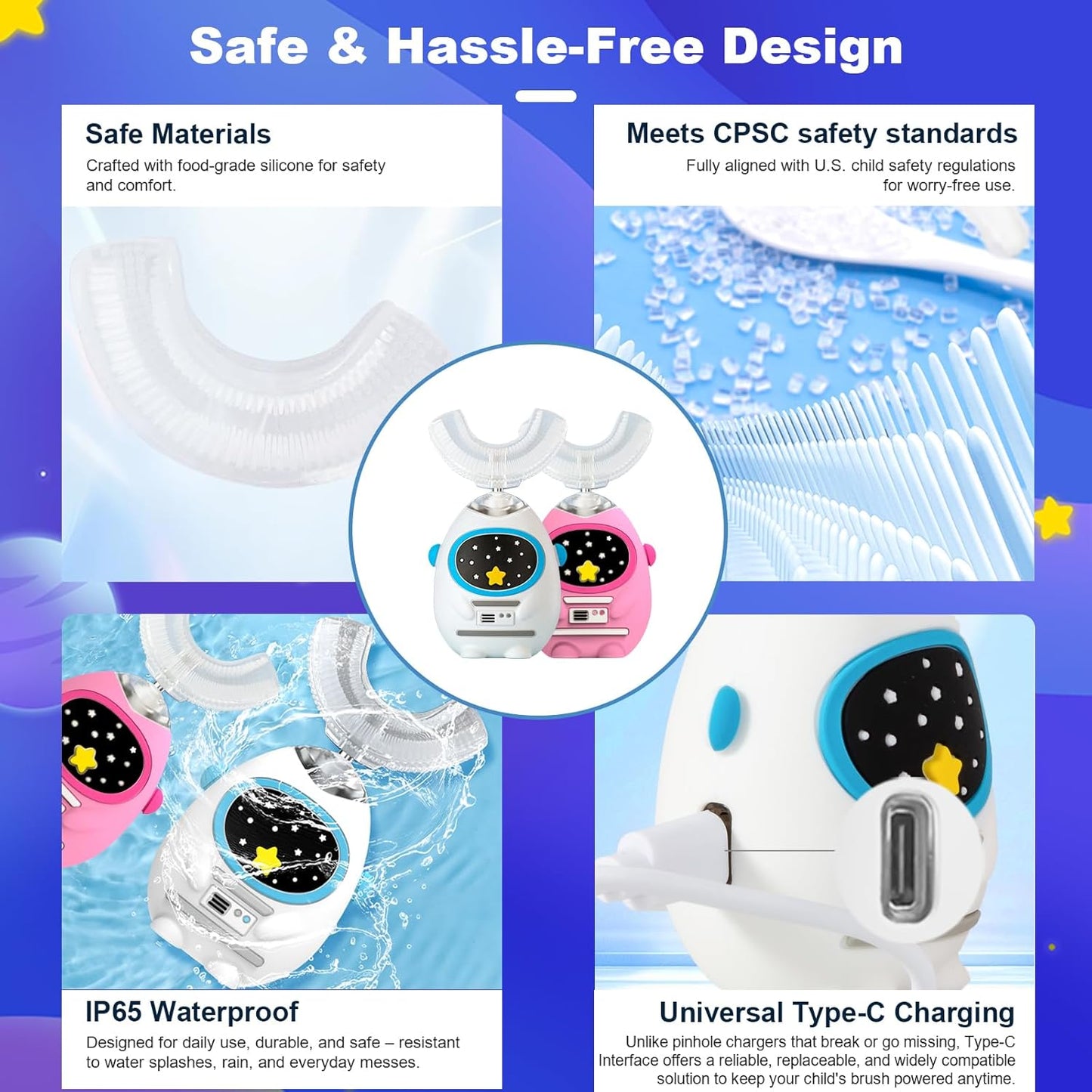 Kids U Shaped Electric Toothbrush with Music, 3 Modes, Voice Teaching, Mouthpiece Cleaning, Soft Bristle, Type-C Charging, Ages 3-12 Boys & Girls (Heroic White)