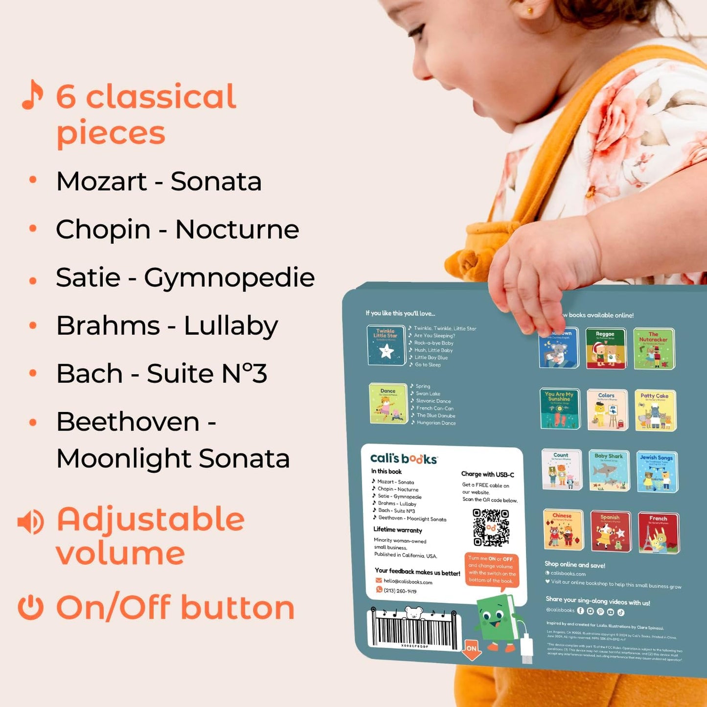 Cali's Books Bedtime Musical Book for Babies and Toddlers 1-3 – USB-C Rechargeable – 6 Classical and Relaxing Pieces | Sound Book for Sleep & Relaxation