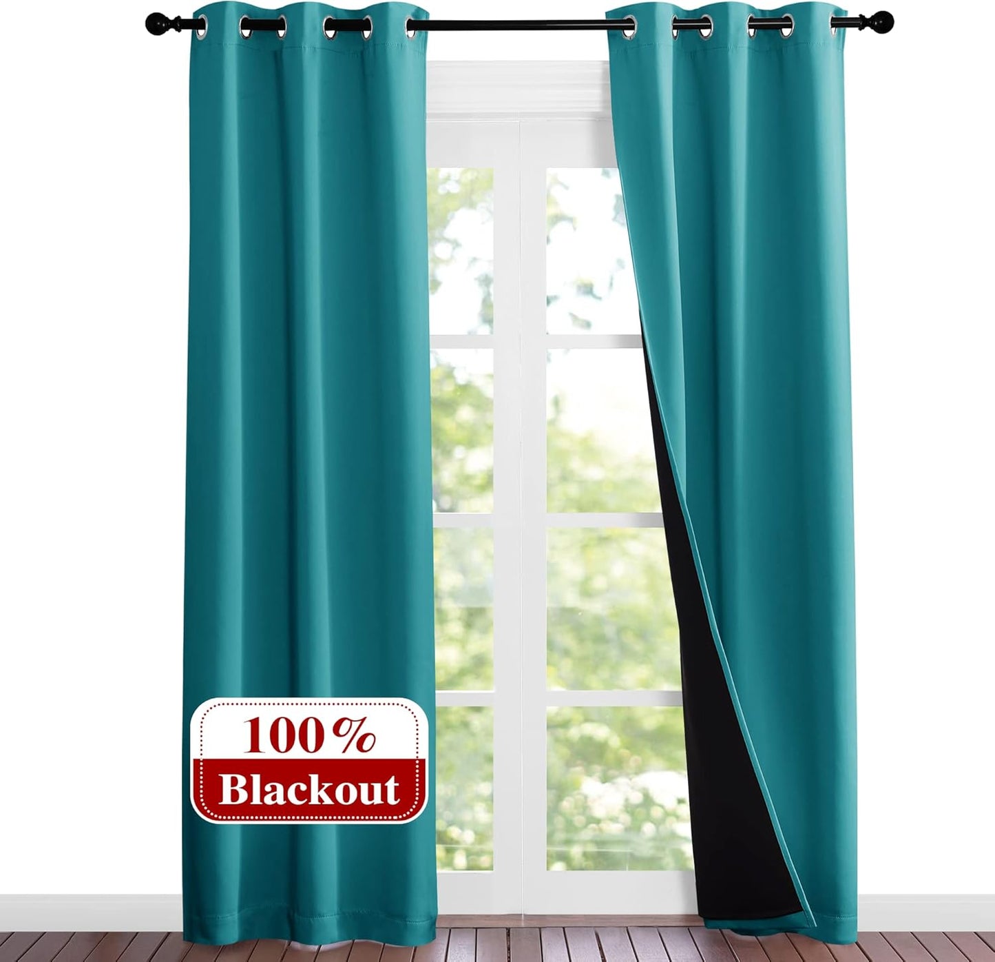 NICETOWN Peacock Teal Blackout Curtains 84 inches Long, Full Light Blocking Drapes with Black Liner for Nursery, Noise Reducing Thermal Insulated Draperies for Doorway (2 Pieces, 37" Wide Each Panel)