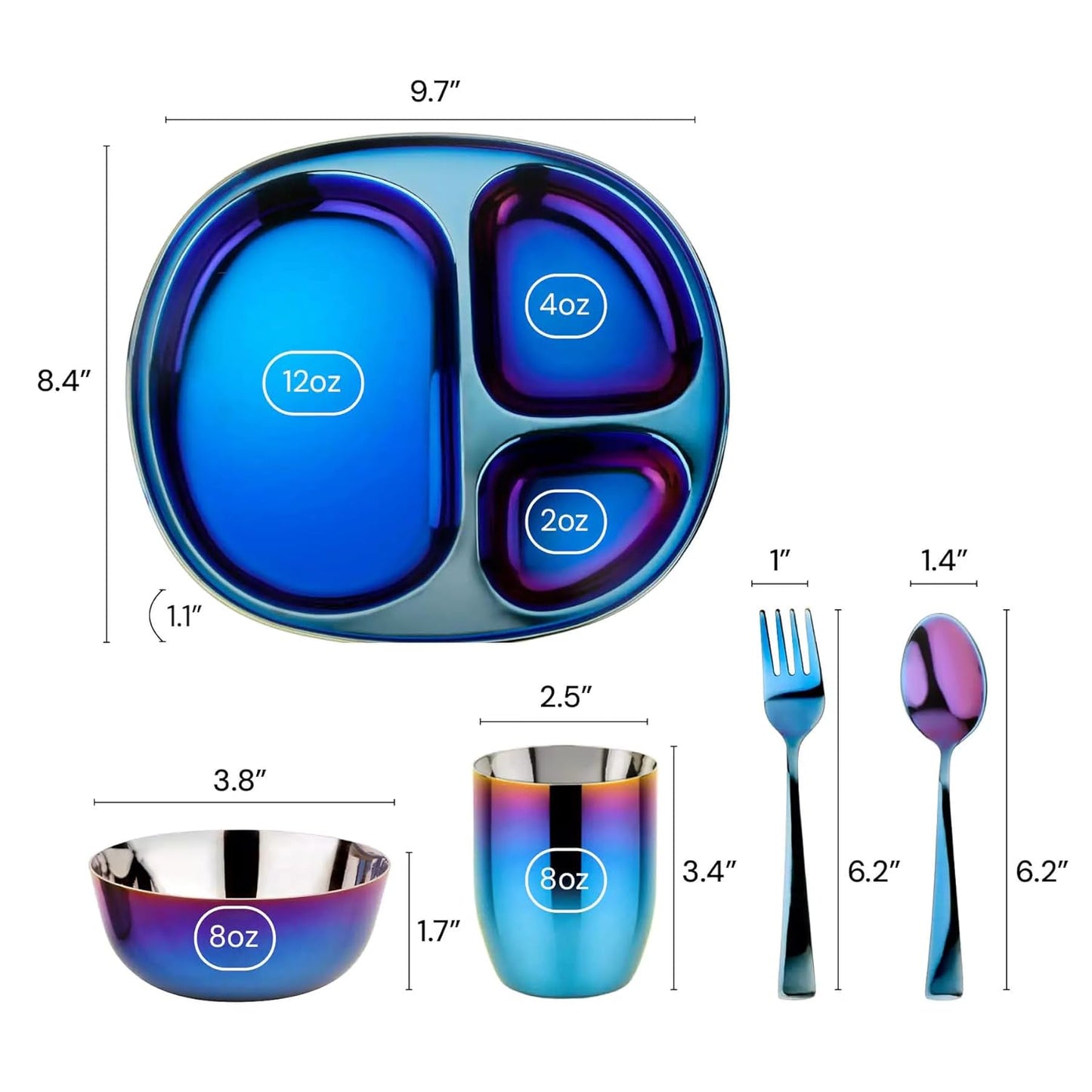 Ahimsa Stainless Steel Kids Dinnerware Set - 5 Piece Stainless Steel Toddler Plates and Bowls Set, Pediatrician Designed, Plastic Free Toddler Plate and Bowl, Kids Utensils and Cup (Blue)