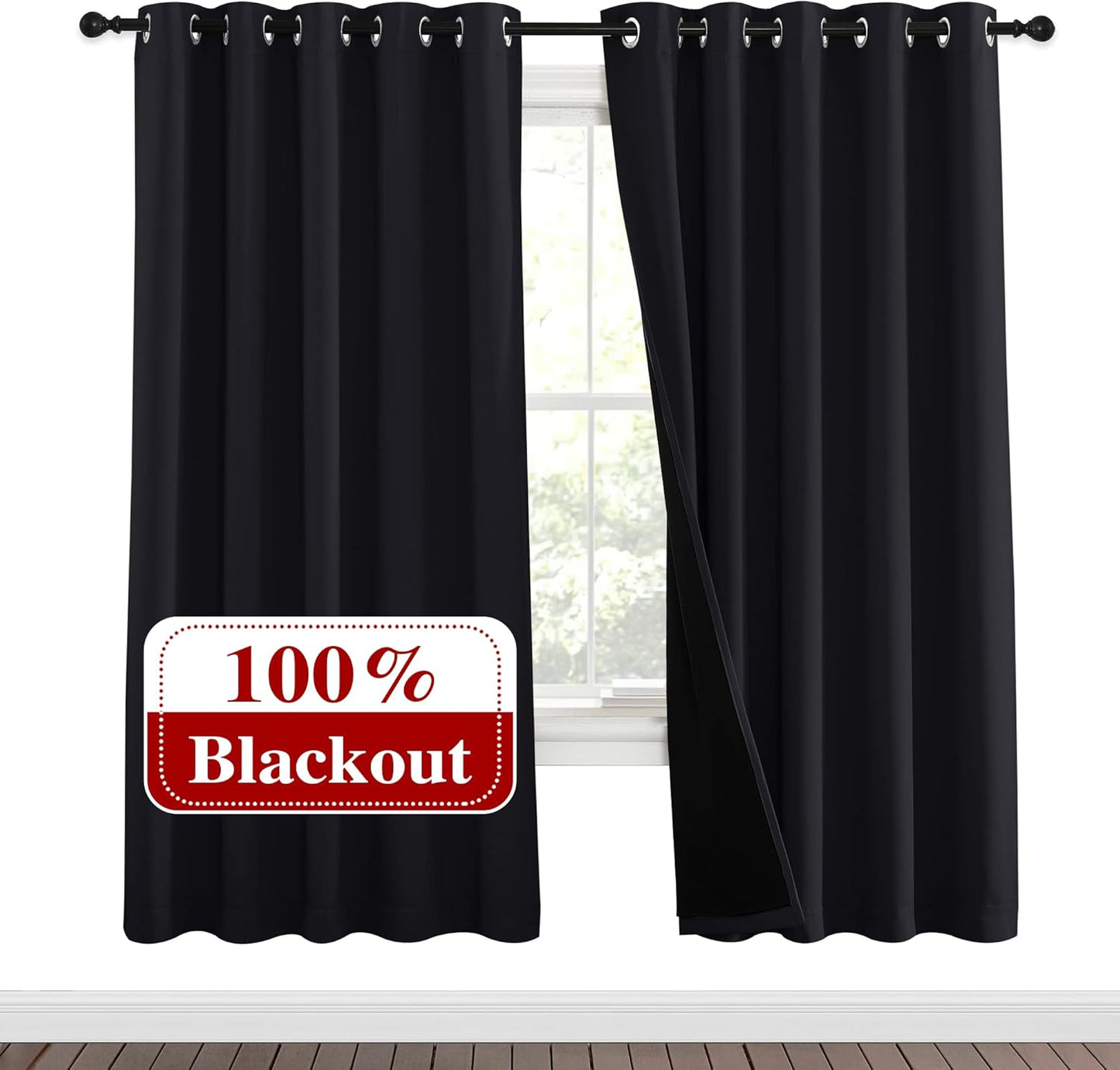 NICETOWN 100% Blackout Window Curtain Panels, Full Light Blocking Drapes with Black Liner for Nursery, 72 inches Drop Thermal Bedroom Drapes and Curtains (Black, 2 Pieces, 62 inches Wide Per Panel)