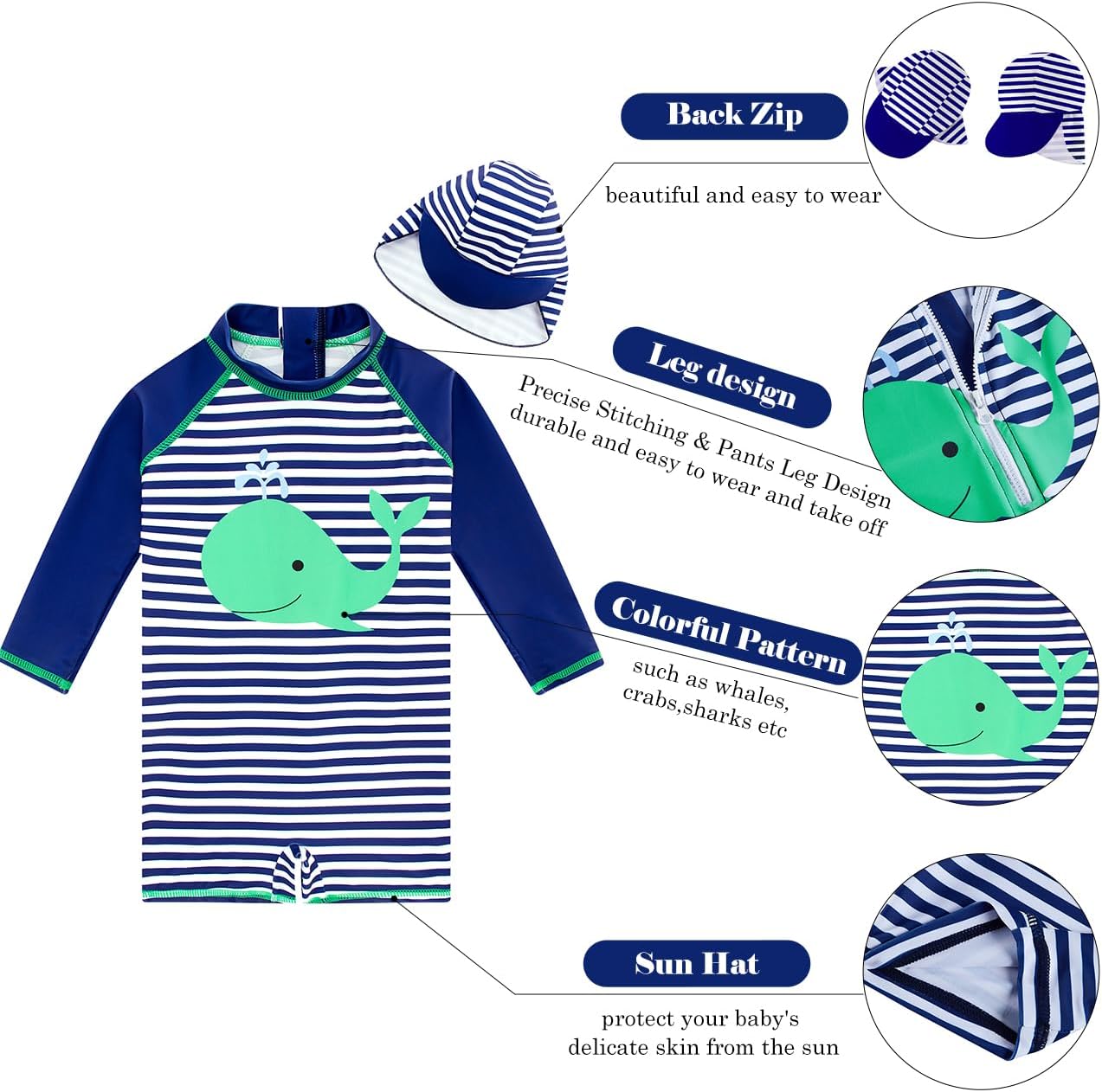 uideazone Baby Boys One Piece Swimsuit Long Sleeve UPF 50+ Rash Guard Bathing Suit Swimwear with Sun Hat 0-24 Months