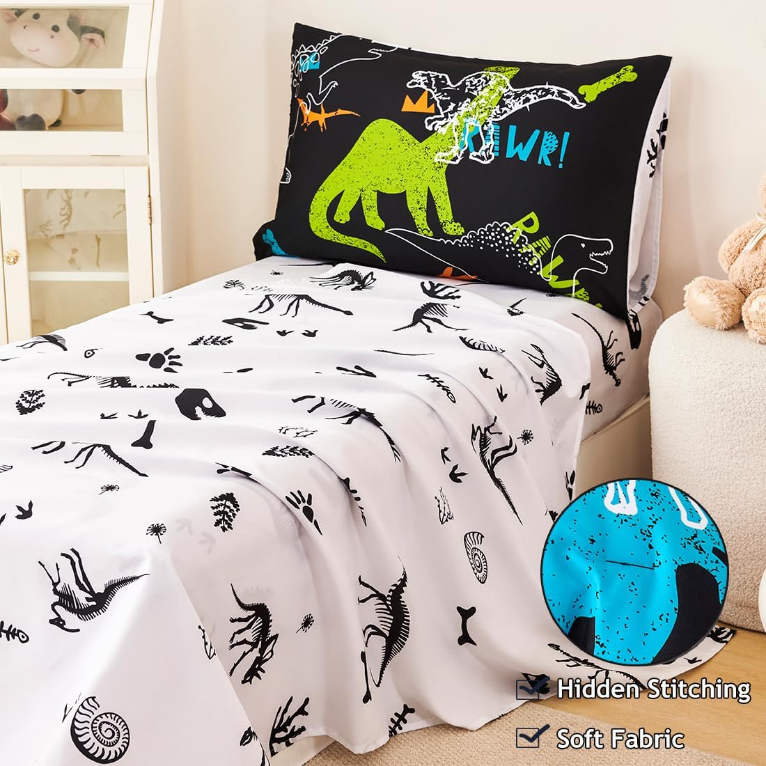 PERFEMET Twin Kids Bedding Sets 4-Piece Cartoon Dinosaur Boys Comforter with Sheets Ultra Soft Reversible Colorful Animal Children Bed in a Bag Set(Dinosaur, Twin)