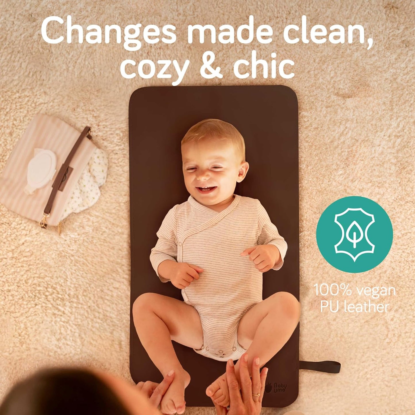 Baby Uma Vegan Leather Baby Changing Mat - Waterproof & Wipeable Changing Pad, XL for Growing Babies, Non-Toxic, Lead-Free & Phthalate-Free, Folds up for Easy Transport, 30″ x 16″ (Dark Brown)