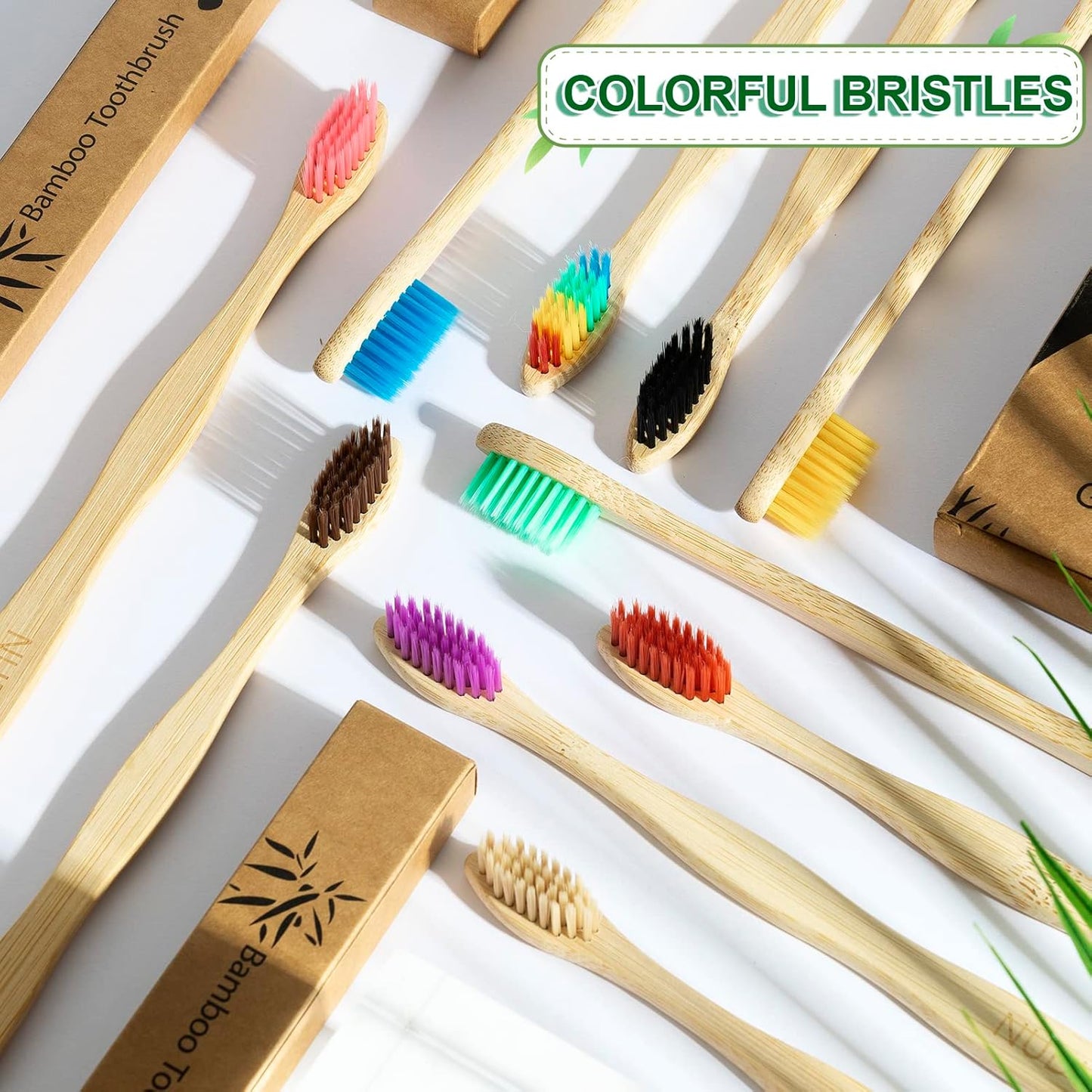 Biodegradable Bamboo Toothbrushes, 10 Piece BPA Free Soft Bristles Toothbrushes, Natural, Eco-Friendly, Green and Compostable (Multicolored Bristles)