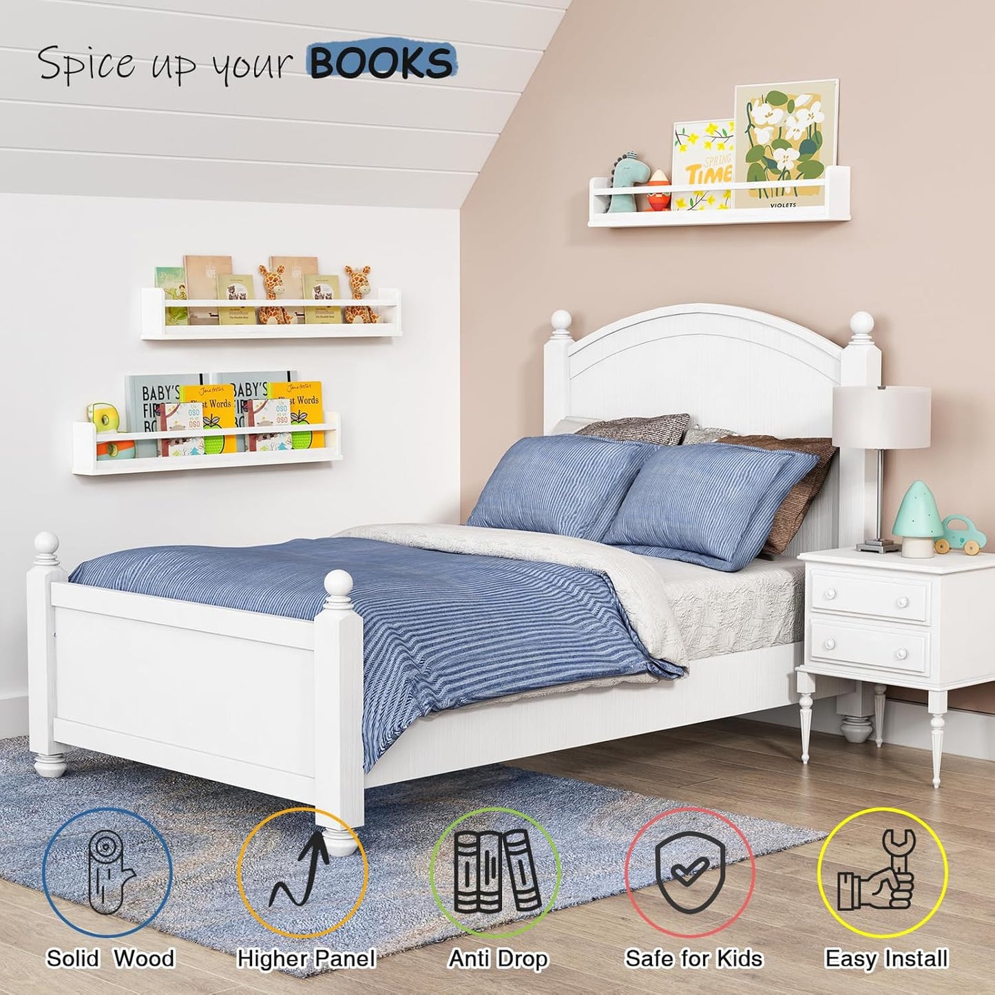 Upgraded White Wall Bookshelf for Kids Room, 36 Inch Long Floating Nursery Book Shelves for Wall, Wider Hanging Bookshelves for Toddlers Childrens Clothes Kids Bedoom Playroom -Set of 3