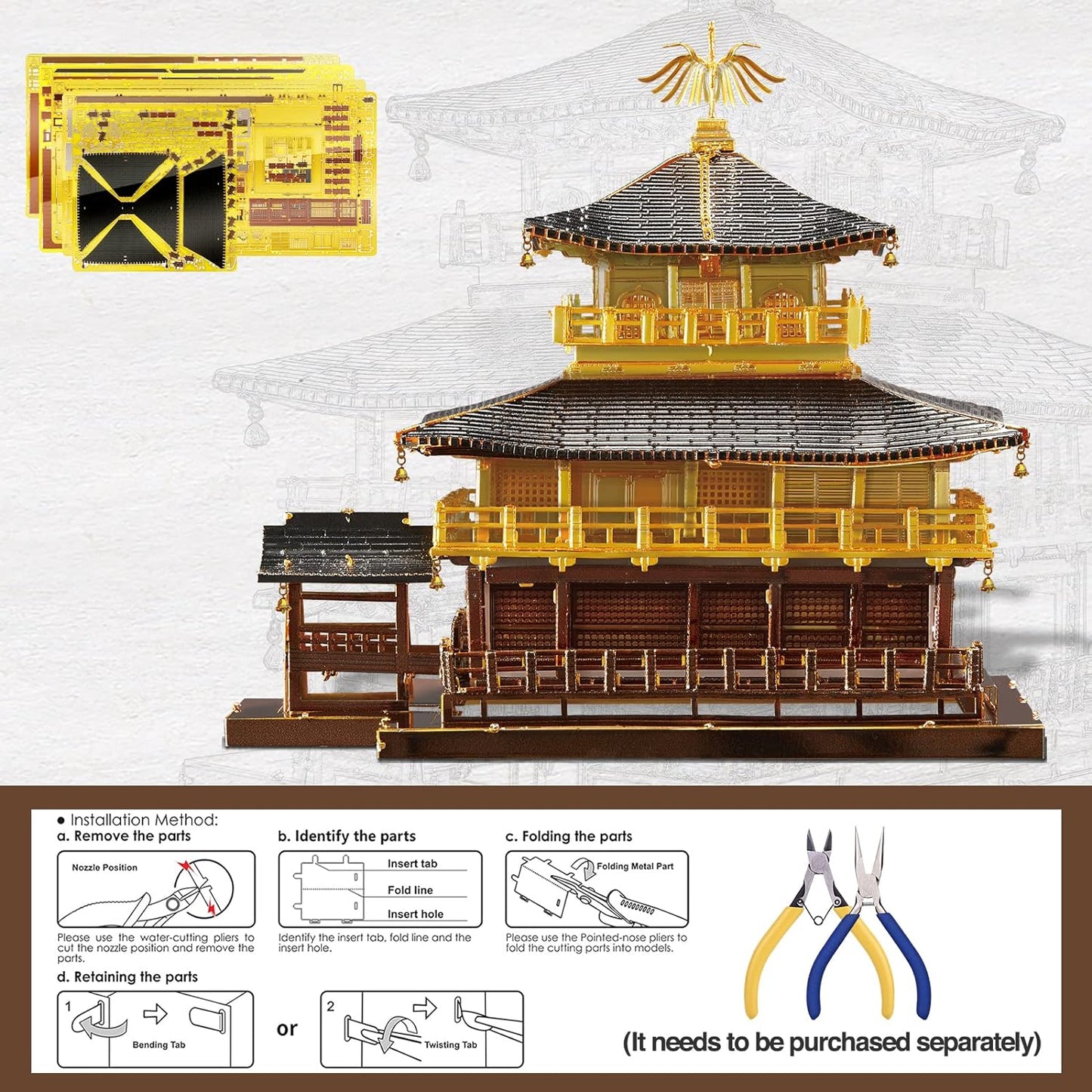 Piececool 3D Metal Model Kits for Adults, Kinkaku-ji Golden Pavilion Model Building Kits, Challenging 3D Puzzles for Stress Relief DIY Craft Kits