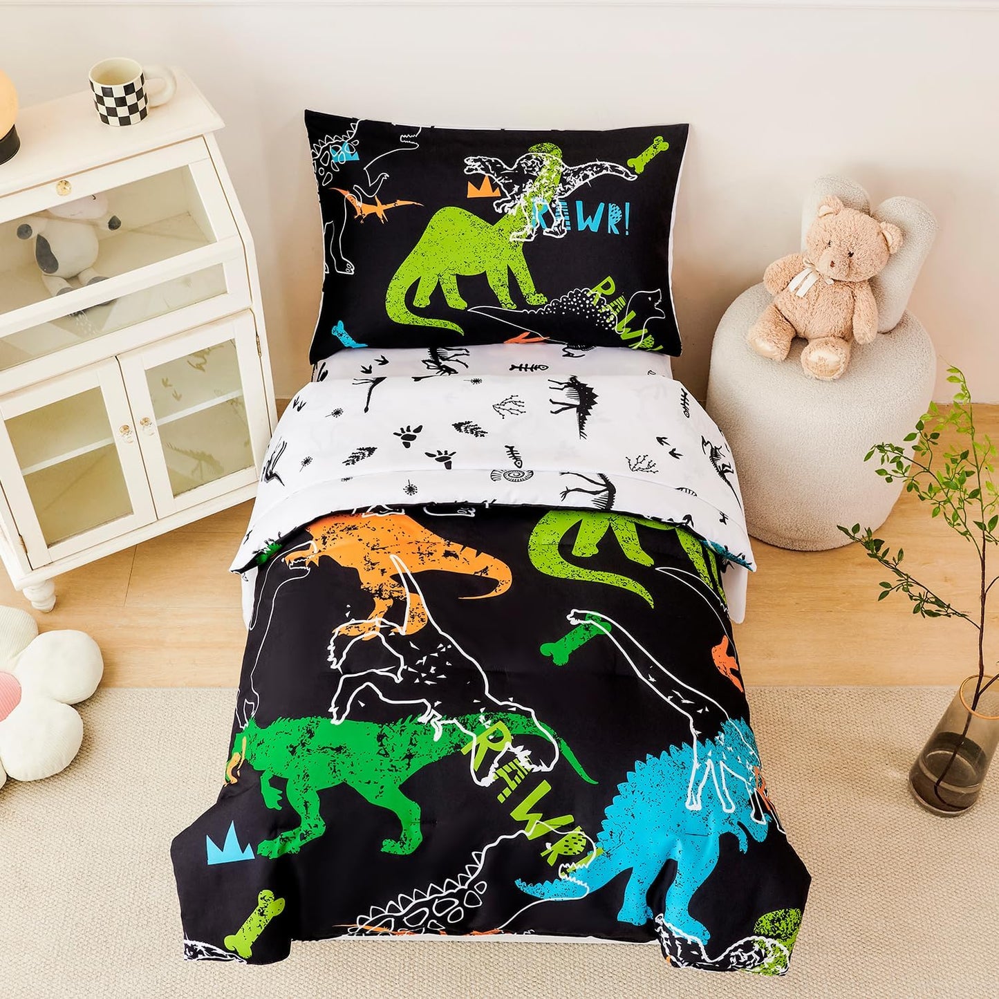 PERFEMET Twin Kids Bedding Sets 4-Piece Cartoon Dinosaur Boys Comforter with Sheets Ultra Soft Reversible Colorful Animal Children Bed in a Bag Set(Dinosaur, Twin)