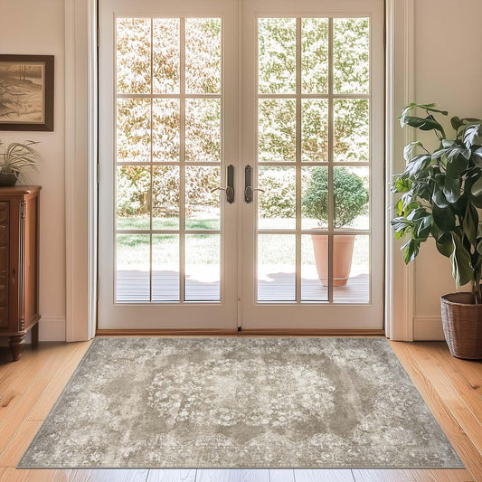 jinchan Washable Area Rug 3x5 Entryway - Soft Distressed Vintage Floral Indoor Bedroom Rug Faux Wool Low Pile Small Oriental Accent Carpet for Kitchen,Entrance,Bedside,Dining Room(Brown,3'x5')