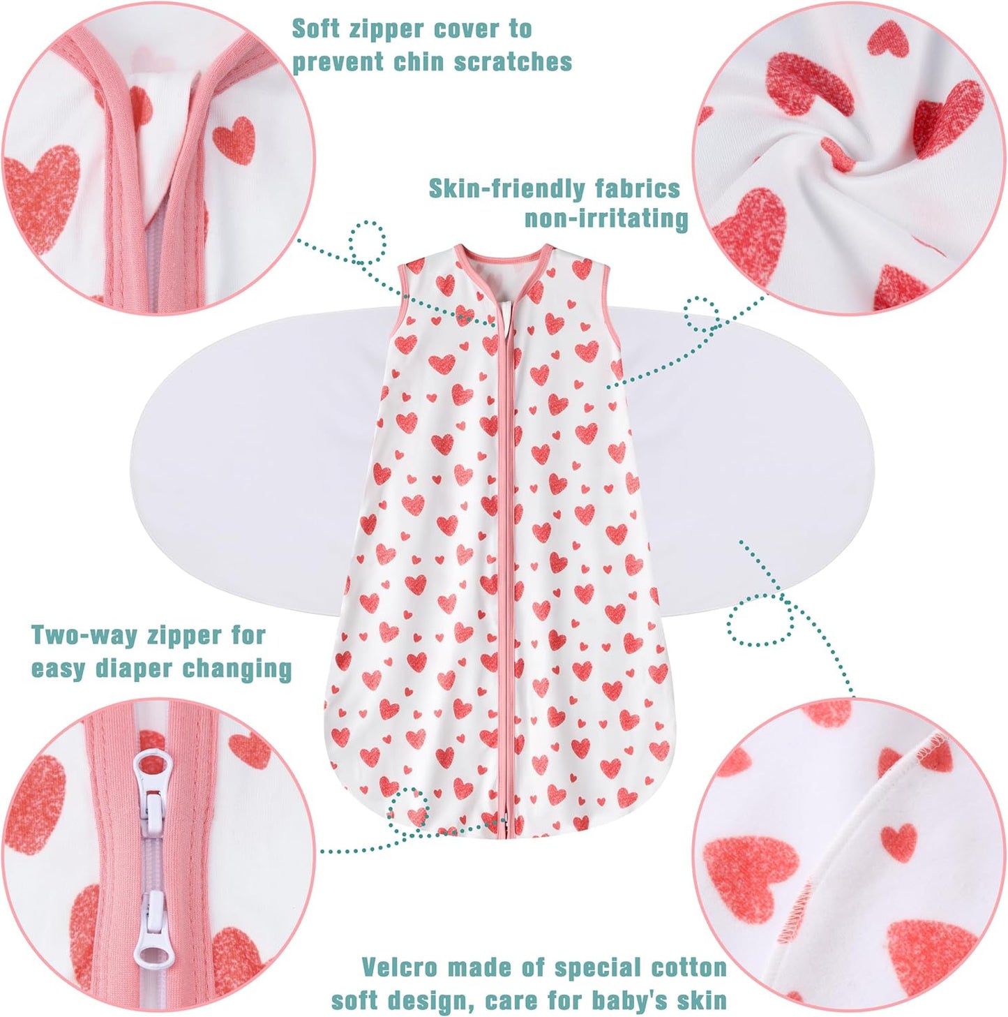 Newborn Sleep Sack Baby Swaddle,Swaddle me 0-3 Month,3-Way Adjustable Wearable Blanket,100% Rayon Cotton Swaddling Sleeping Bag，TOG 0.5 (Love, 0-3 Months)