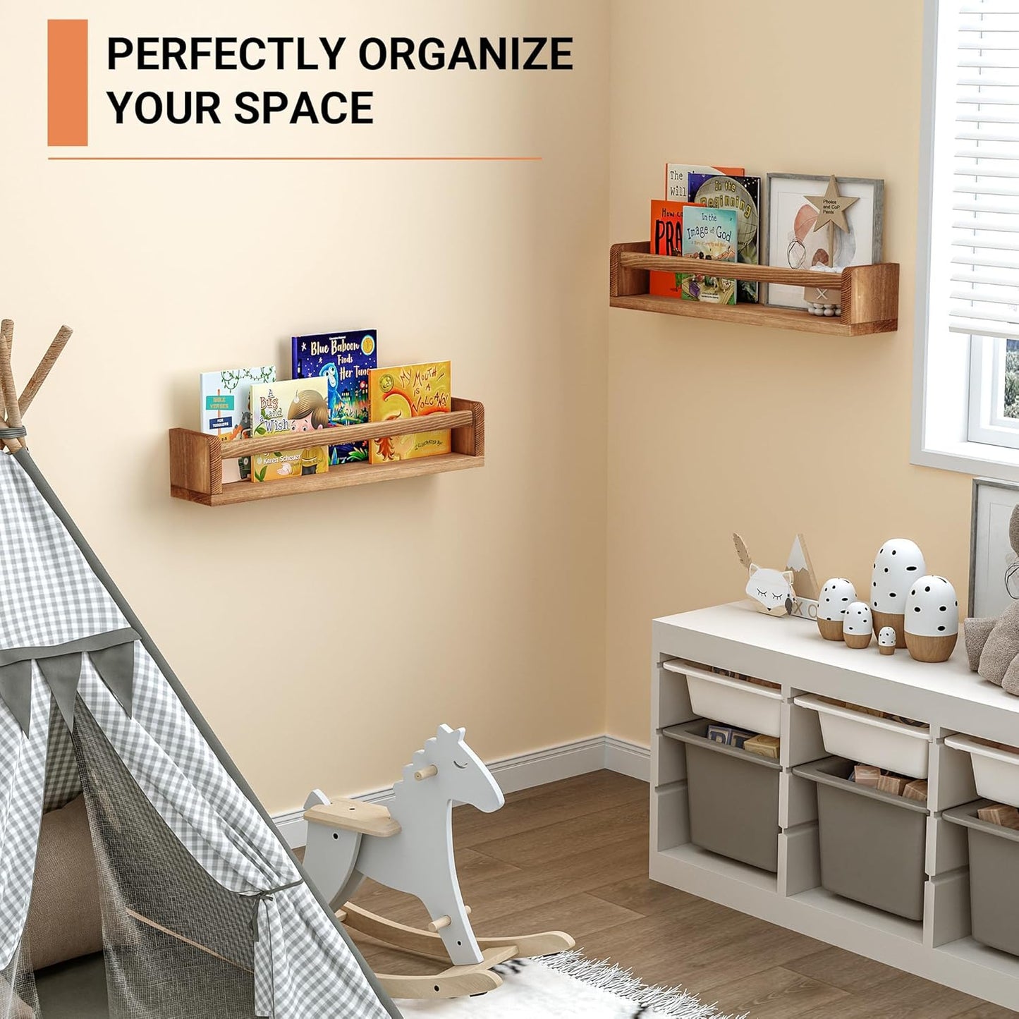 Heimlove Nursery Floating Shelves, Nursery Book Shelves for Wall, 16 inch Wall Bookshelf for Kids Solid Wood Wall Mounted Shelves for Books,Toys and Decor Storage, Set of 2