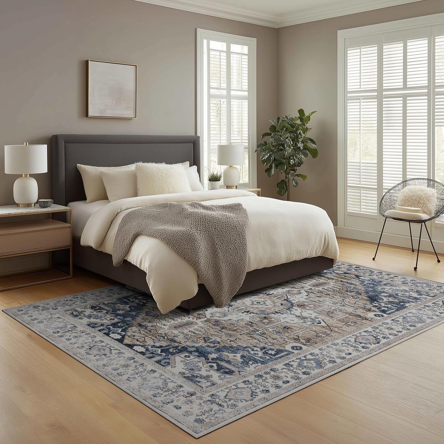 Washable 6x9 Area Rug for Living Room, Carpet for Bedroom Dining Room, Non Slip&Non-Shedding Resistant Low Pile Vintage Print Rug for Home Office (Taupe/Blue)