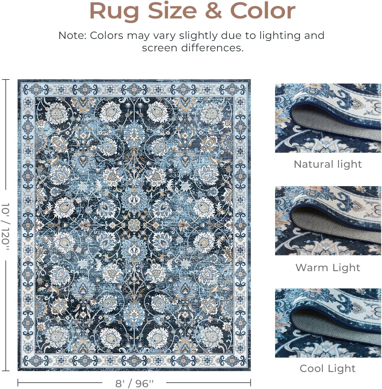 Floral 8x10 Area Rug for Living Room, Large Washable Blue Rugs, Soft Non Slip Carpets, Stain Resistant Low Pile Carpet for Indoor Dining Bedroom Under Table Home Office Nursery, Blues Garden