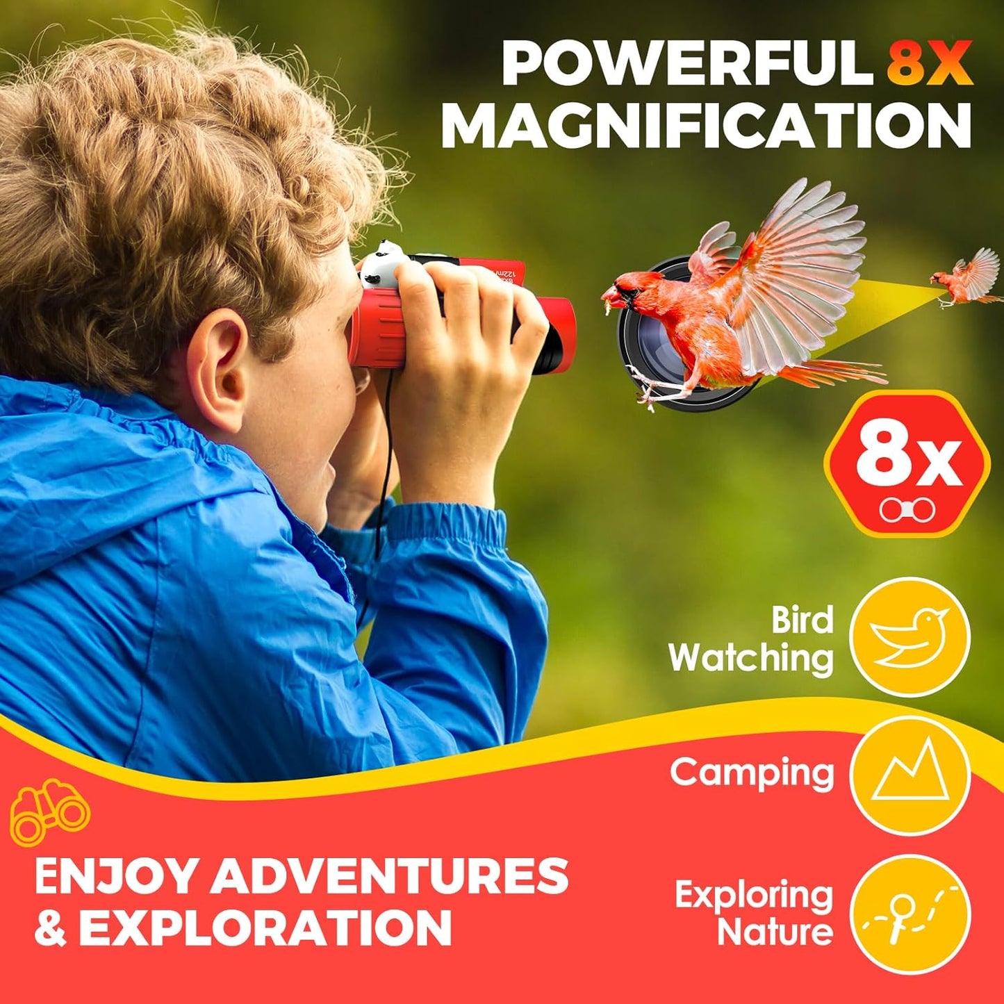 Binoculars for Kids 8x21 High-Resolution Real Optics with Magnifying Glass & Whistle Compass, Kids Binoculars for 3-12 Years Boys and Girls, Best Kids Toys for Outdoor Bird Watching, Hiking, Travel