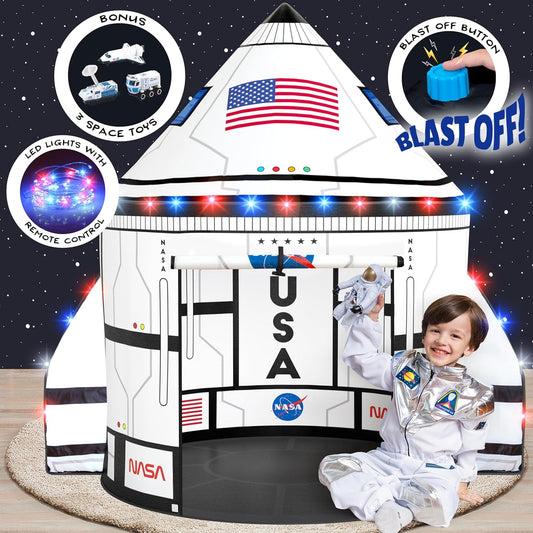 W&O Space Shuttle Explorer Tent with Blast-Off Button, LED Lights & 3 Space Toys – Rocket Ship Play Tent for Kids Ages 3-5