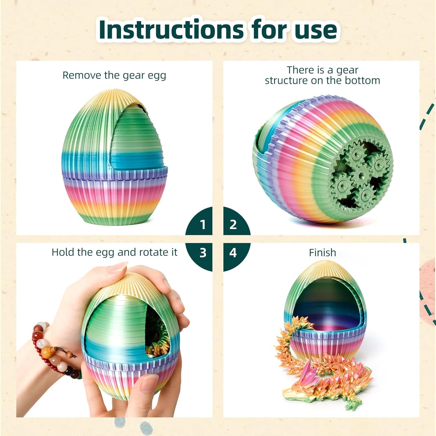 3D Printed Snake with Egg - Gear Egg with Snake Inside, 24inch Flexible Snake, Cute Rotary Egg, 3D Printed Gift Toys, Figure Decoration, ADHD(Multicolored Rainbow)