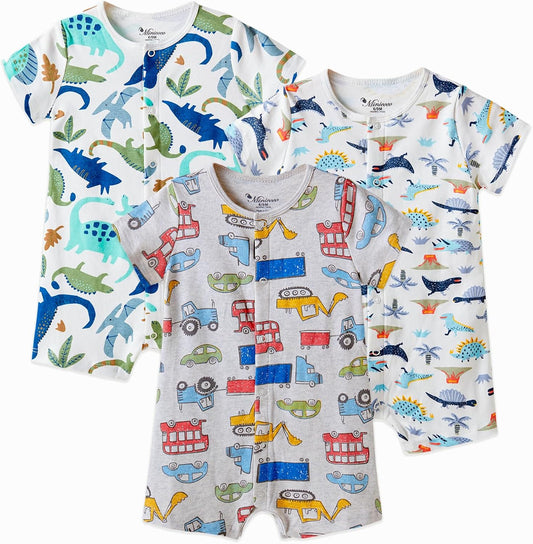 3-Pack 100% Cotton Baby Boy Rompers,0-24Months Short Sleeve Toddler Romper,Breathable Spring/Summer Clothes