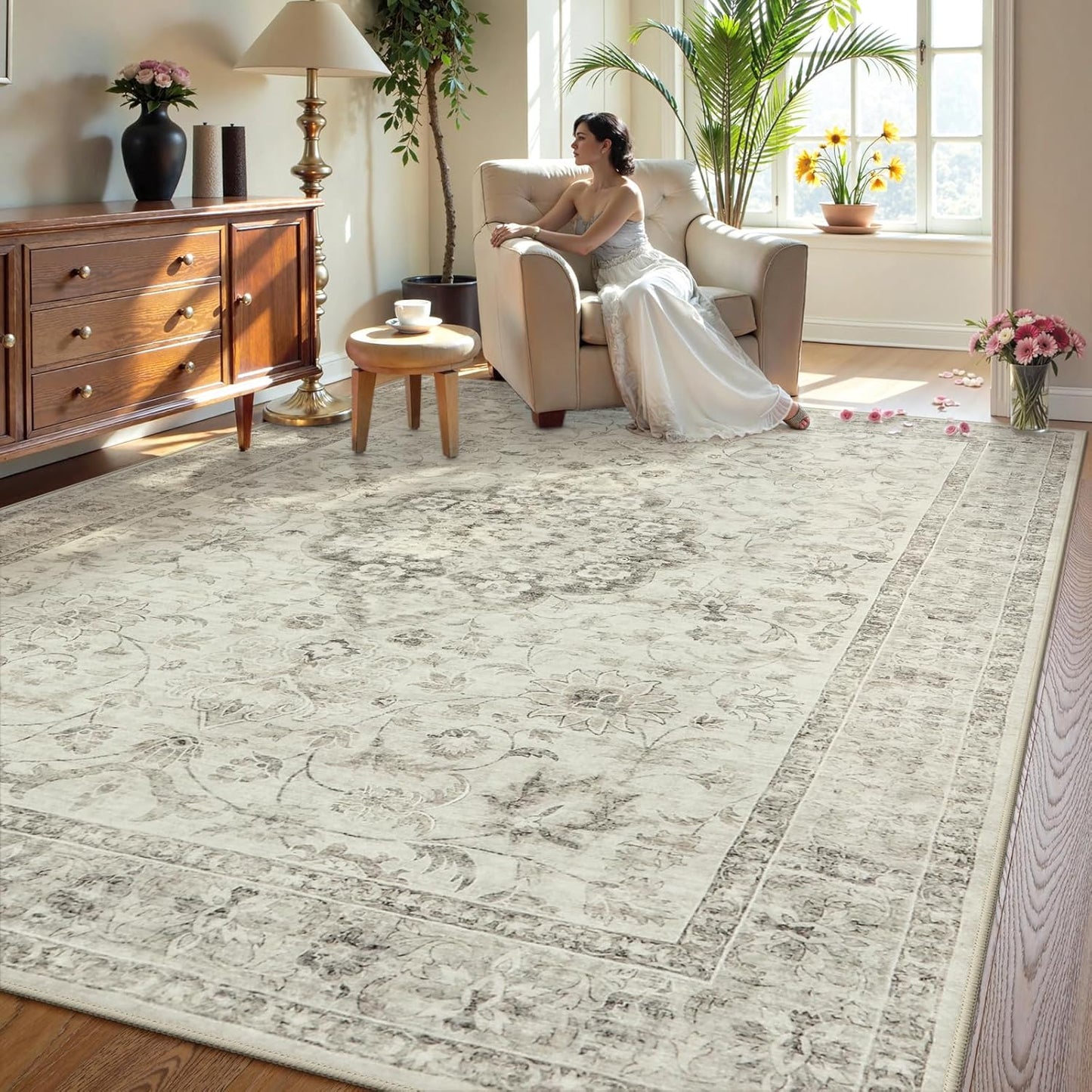 LIVEBOX Washable Area Rug 10x14 Rugs for Living Room Bedroom, Non-Slip Boho Indoor Carpet for Dining Room Office, Low-Pile Farmhouse Soft Carpets for Kids Nursery Room Playroom, Taupe