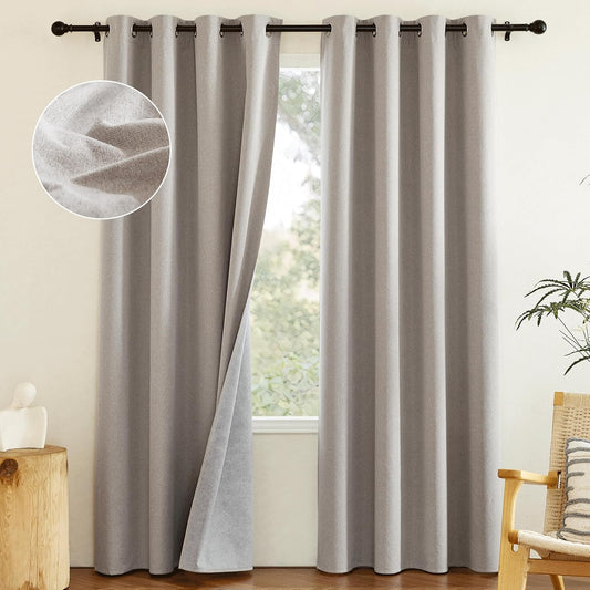 NICETOWN Full Blackout Natural Faux Linen Curtains 102" Length with Thermal Insulated Liners for Living Room, 2 Panels, 52 inches W, Farmhouse Style Keep Warm Large Window Draperies for Hall