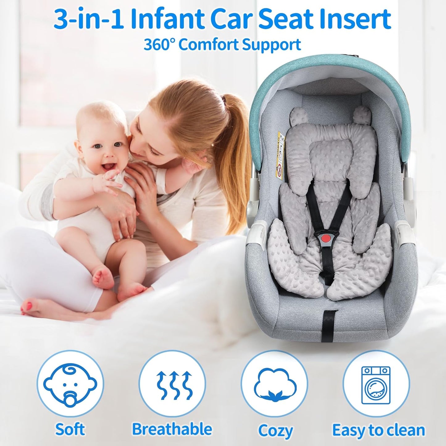 3in1 Baby CarSeat Head Support for Infant, Reversible Soft Infant Car Seat Insert Newborn Boy Girl, Breathable Cotton Head Body Support Pillow Cushion,Stroller,Swing,Bouncer,Baby Registry,Grey