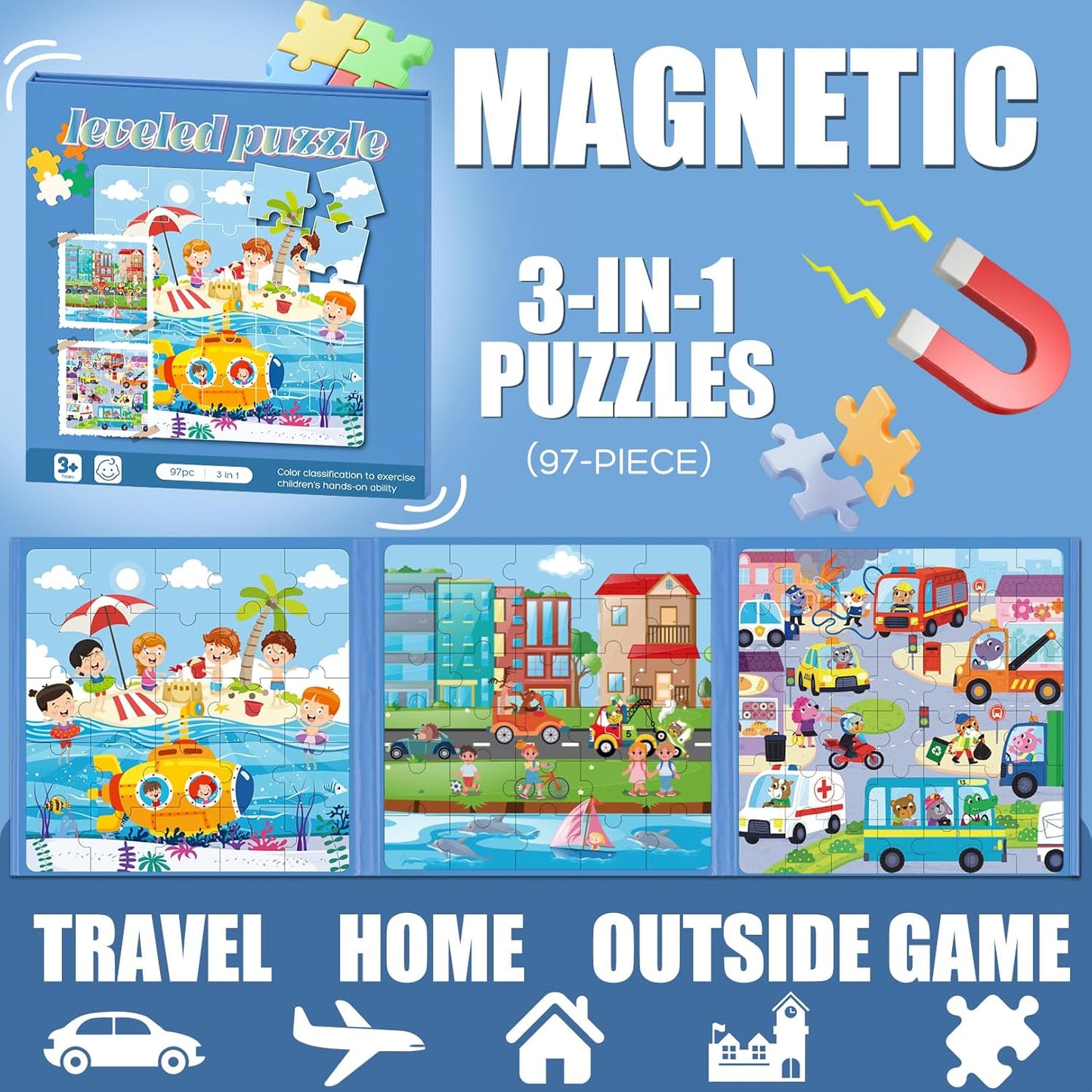 Magnetic Puzzles for Toddlers 3-5, 75-Pieces Travel Toys, Transportation Puzzles Ages 4-6, Educational Learning Magnets, Road Car Trip & Airplane Activities Toys for 3 4 5 6 7 Girls Boys Gift