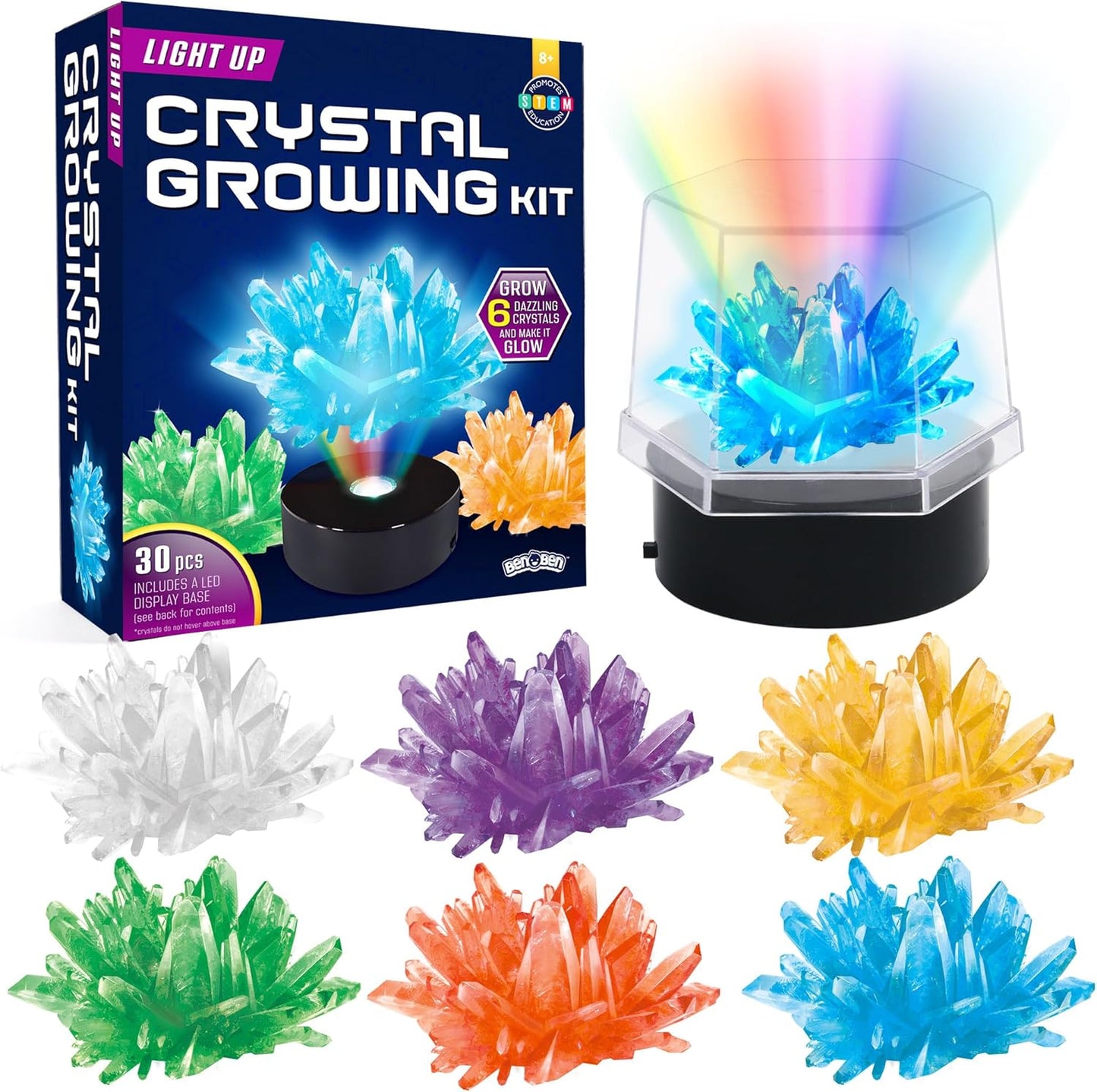 BenBen Crystal Growing Kit for Kids, Grow 6 Crystals with Light Up Display Stand, Educational STEM Toys for Girls and Boys, Science Kit for Kids Age 8-14, Birthday Gifts Science Experiments