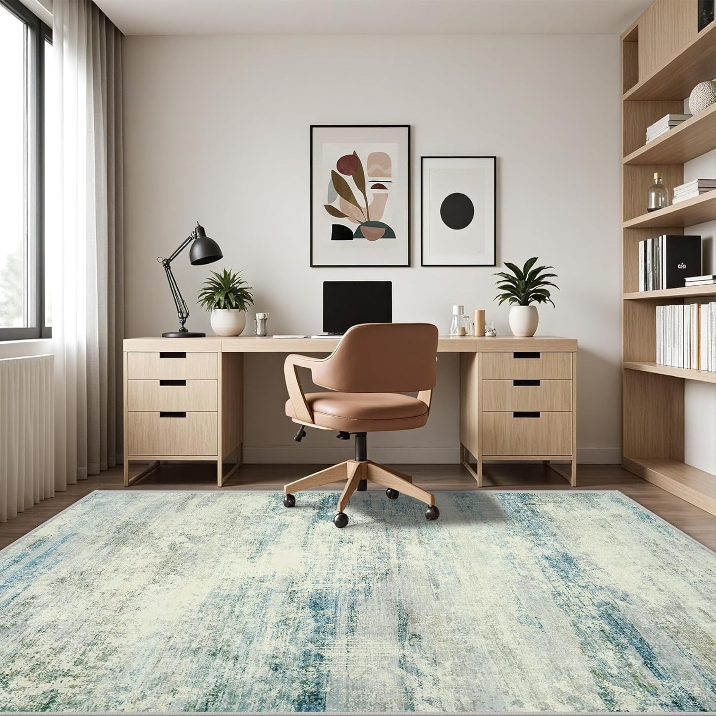 5x7 Area Rugs for Lliving Room Bedroom, Abstract Washable Rugs with Non-Slip Backing, Stain Resistant Thin Carpet for Dorm Dining Room Table Nursery Indoor Home Office-Blue/Gray