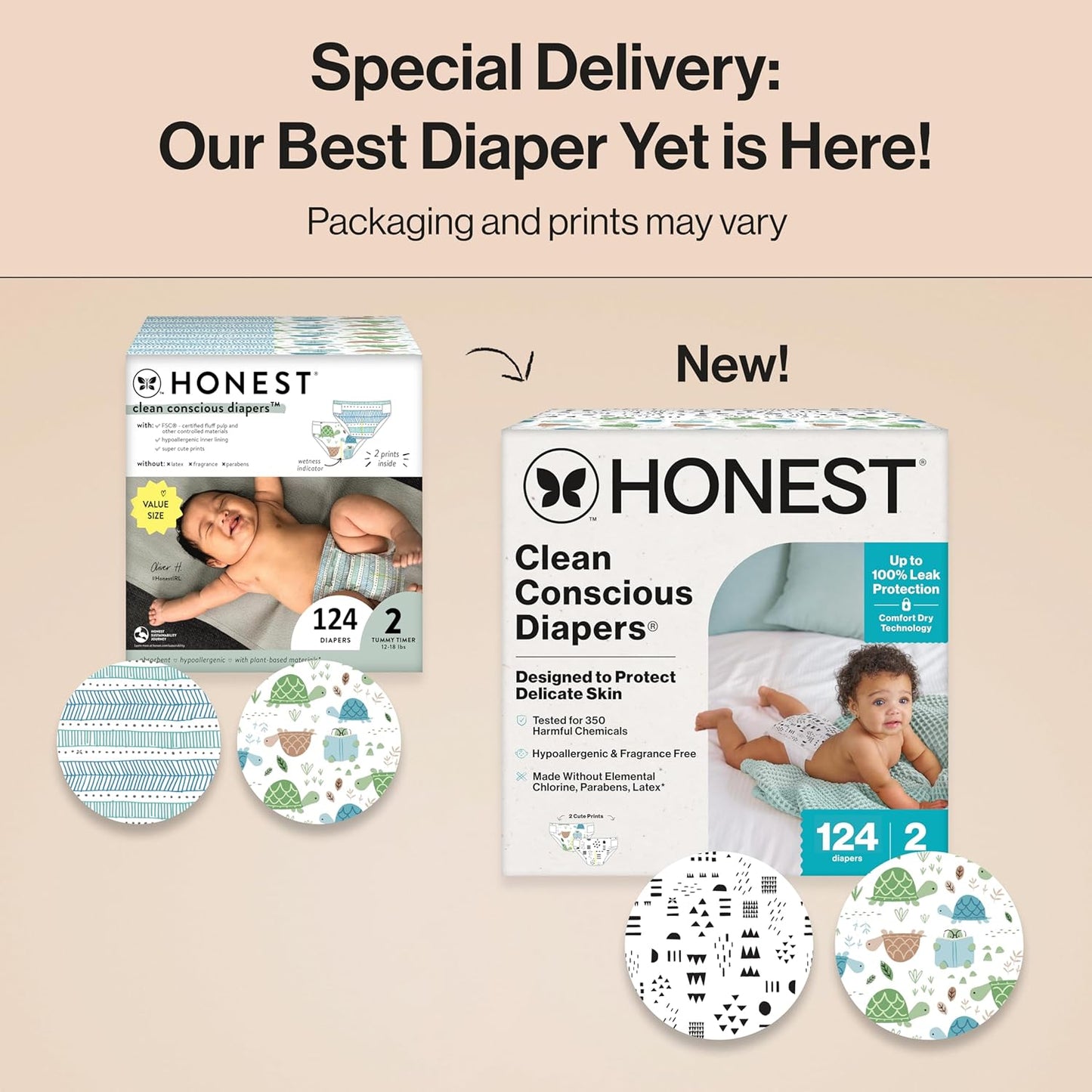 The Honest Company Clean Conscious Diapers for Delicate Skin | Up to 100% Leakproof | Hypoallergenic, Fragrance Free | Gender Neutral | Super Club Box, Size 2 (12-18 lbs), 124 Count (Prints May Vary)