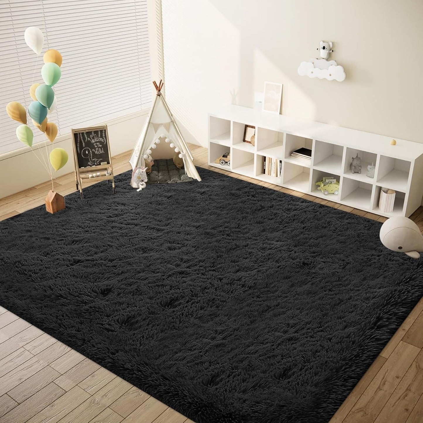 6x9 Area Rug for Living Room: Fluffy Shag Soft Washable Rugs Large Fuzzy Plush Indoor Carpet for Bedroom Nursery Playroom Kids Girls Boys Room (Black, 6'x9')
