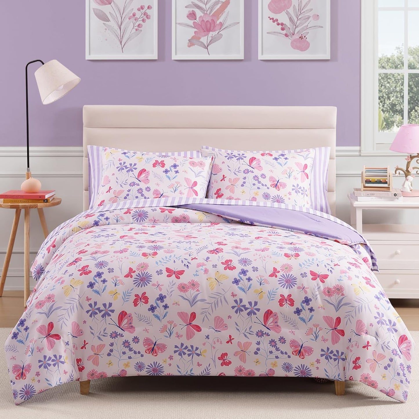 Queen Comforter Set with Sheets for Girls-7 Pieces Queen Bedding Sets with Pink Comforter, Sheets, Pillowcases & Shams for Kids (Cute Botanical Flowers, 90" X 90")